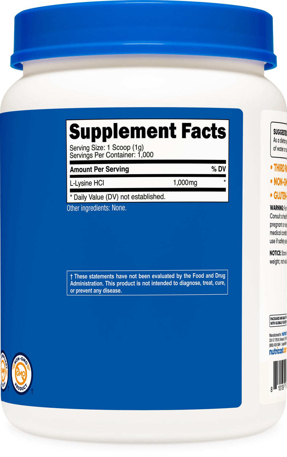 Nutricost L-Lysine powder label confirms third-party testing and purity.