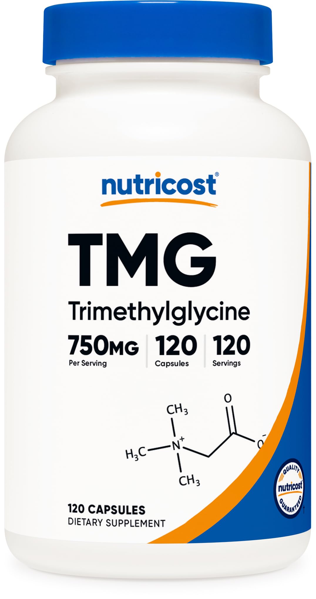 Nutricost TMG bottle front shows 750mg per capsule for daily support