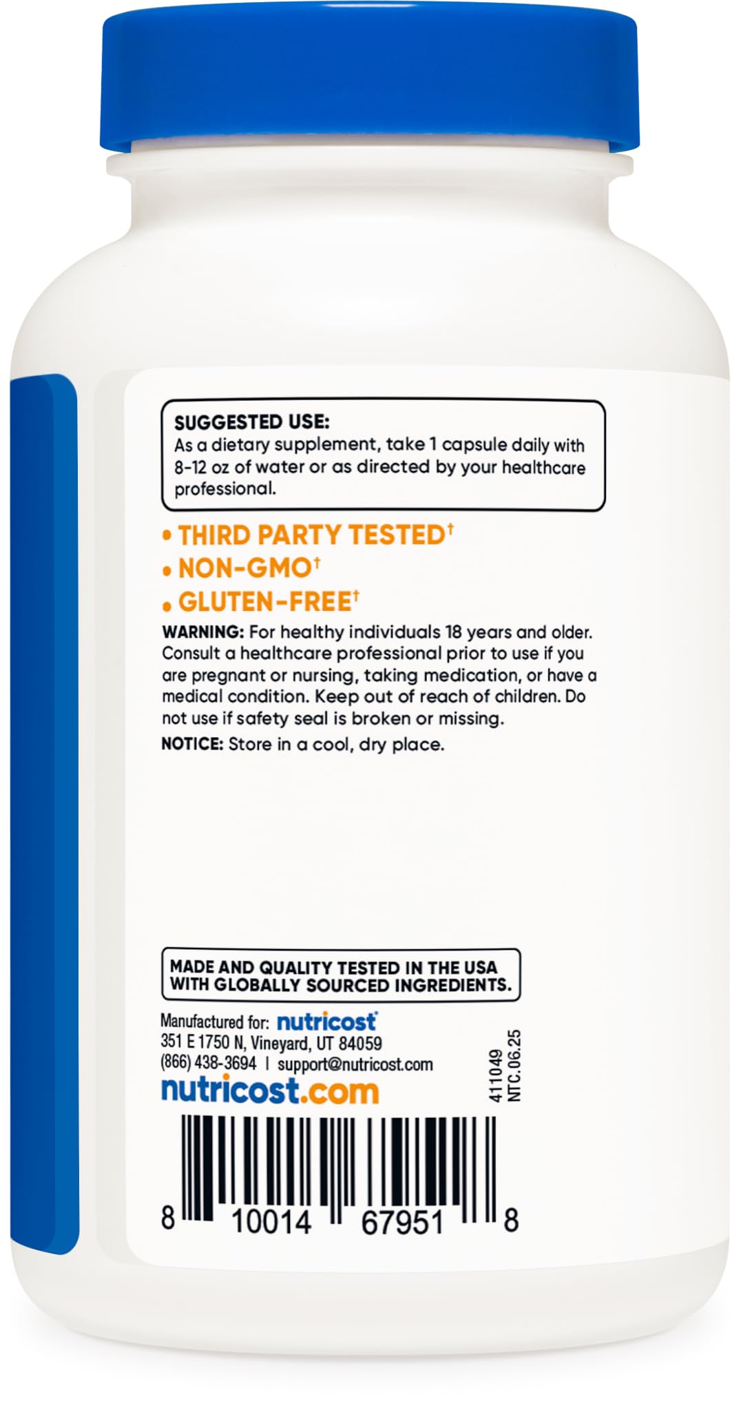 Nutricost TMG bottle label detail highlights GMP and third‑party testing