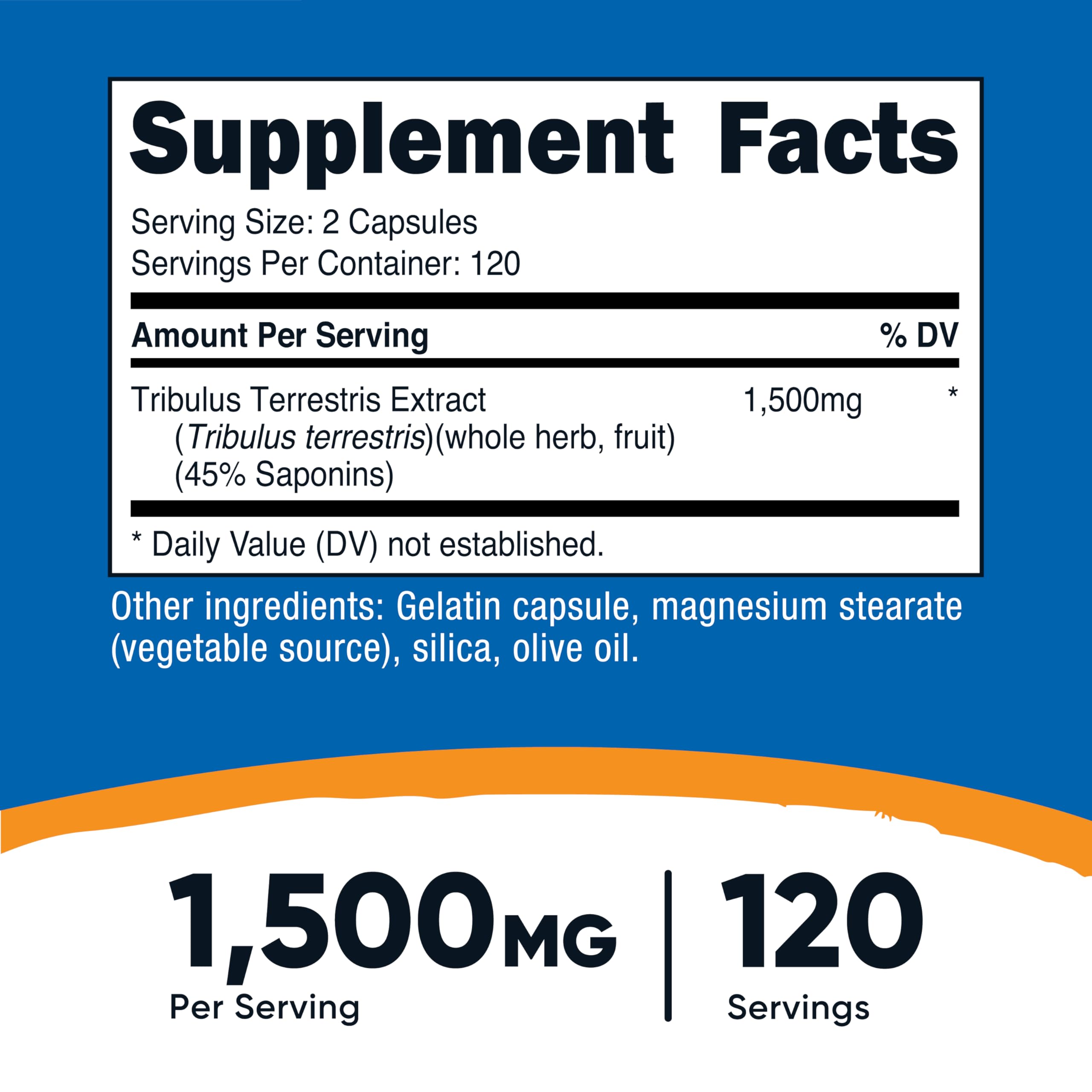 Nutricost Tribulus Terrestris bottle label highlighting 45% saponins