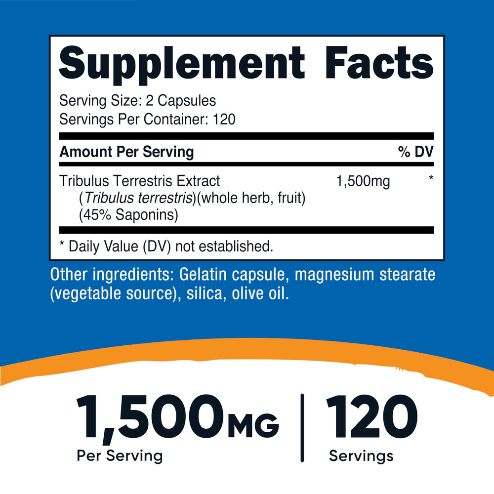 Nutricost Tribulus Terrestris bottle label highlighting 45% saponins
