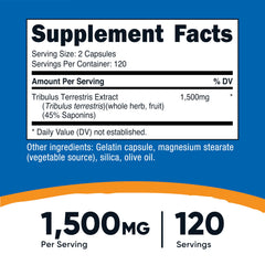 Nutricost Tribulus Terrestris bottle label highlighting 45% saponins
