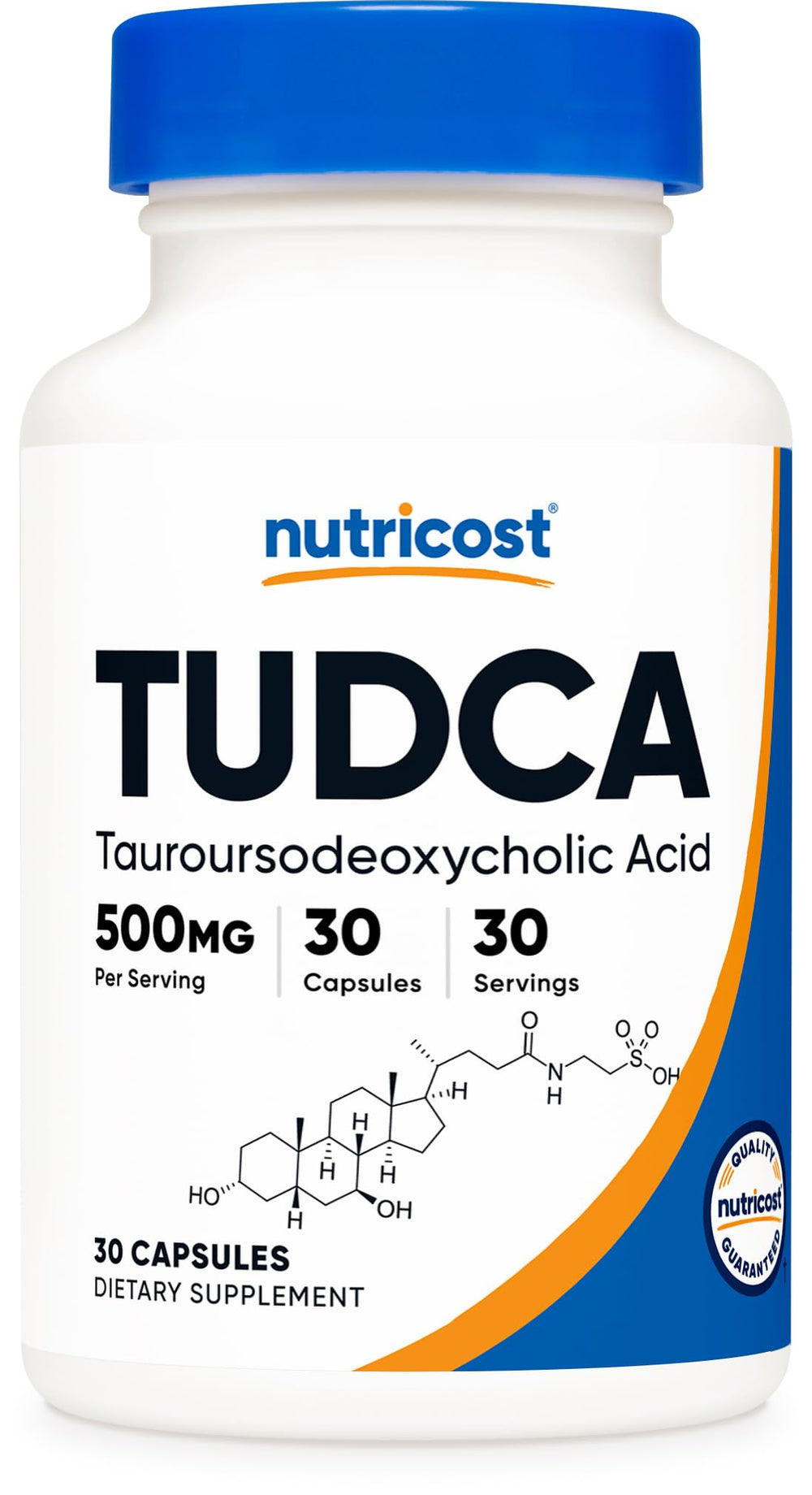 Nutricost Tudca 500mg bottle front view showing 30 capsules per bottle for daily use