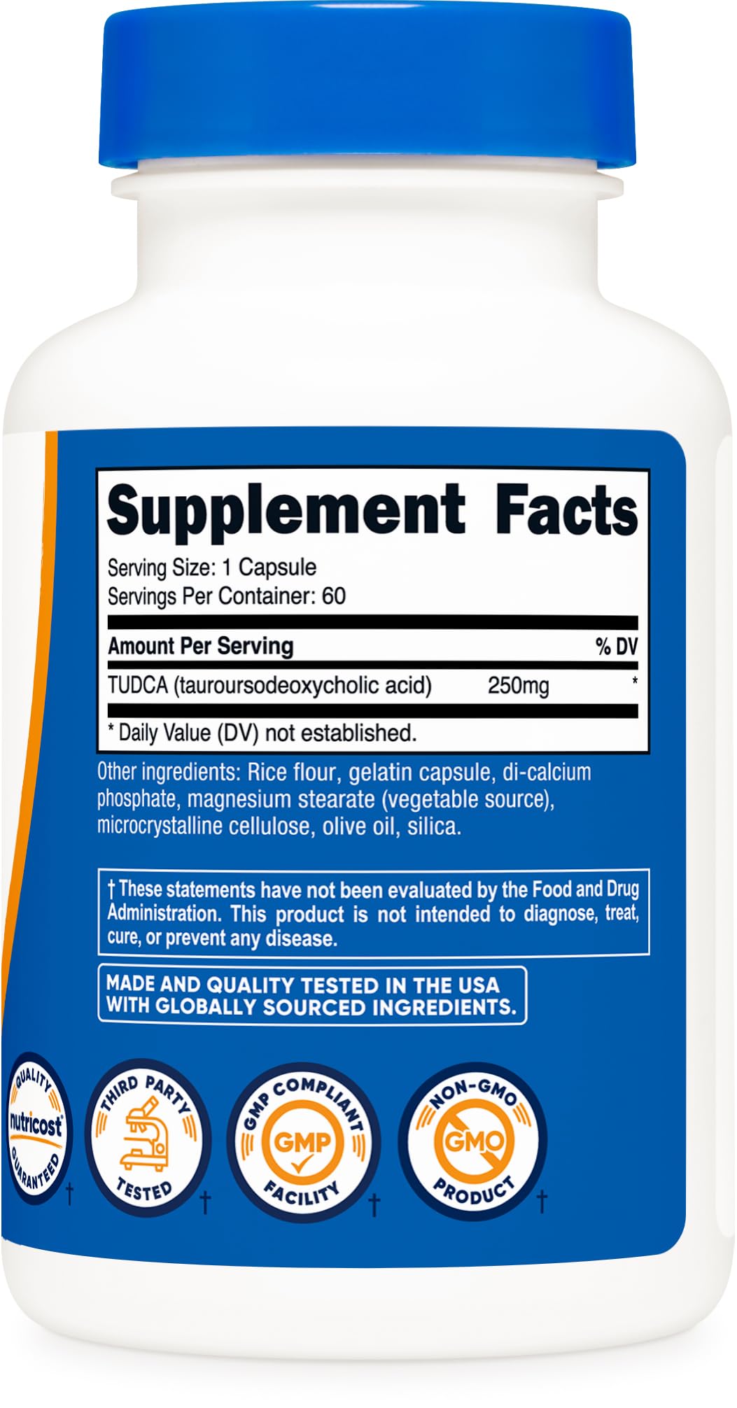 Nutricost Tudca facility image emphasizes NSF GMP and FDA registration standards.
