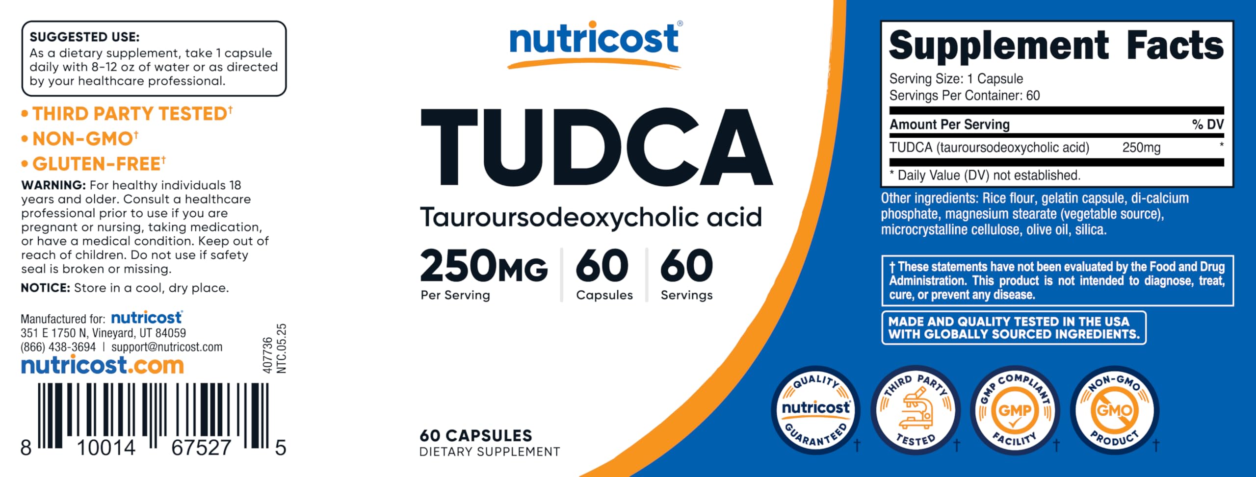 Nutricost Tudca packaging highlights non-GMO and gluten-free attributes.