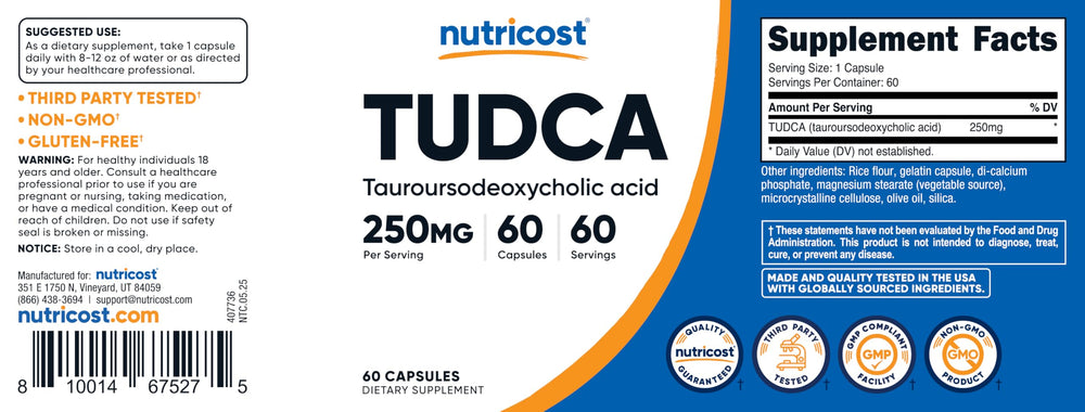 Nutricost Tudca packaging highlights non-GMO and gluten-free attributes.