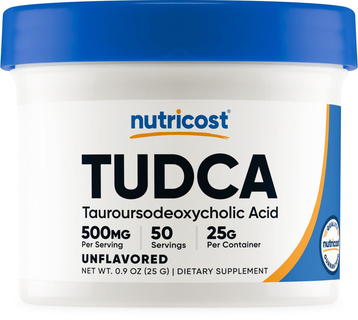 Nutricost Tudca Powder bottle shows clear serving size on the label for easy measurement.