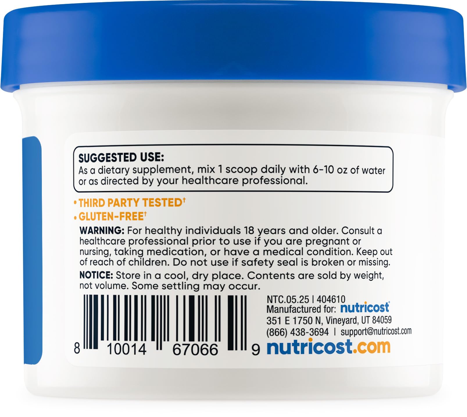 Nutricost Tudca Powder label view highlights gluten free and non-GMO status.