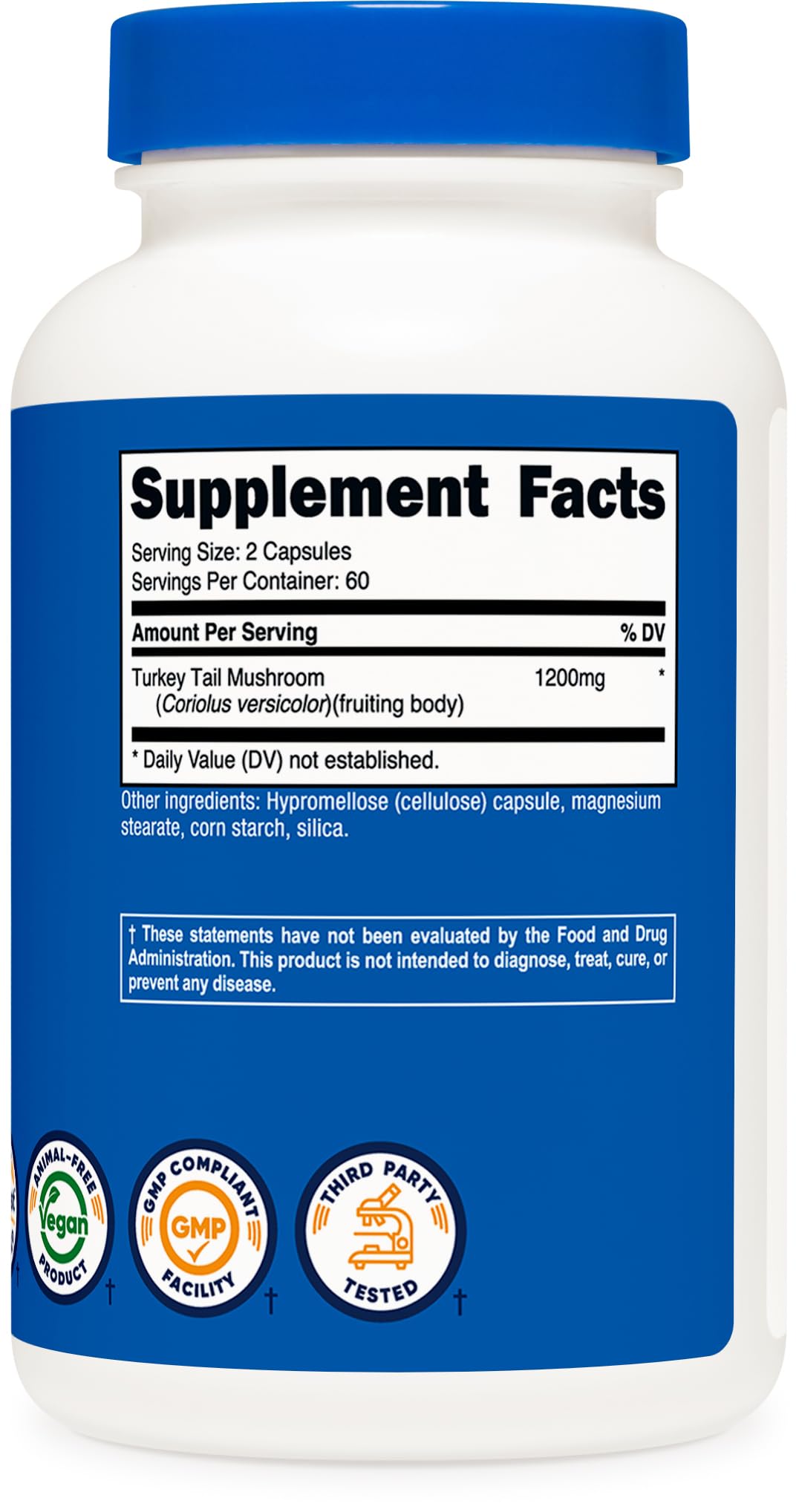 Nutricost Turkey Tail capsules in bottle, two-month supply for steady use.