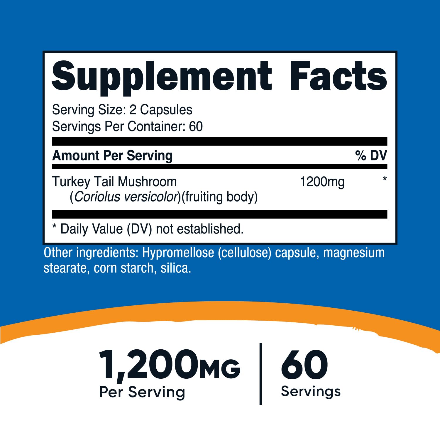 Nutricost Turkey Tail capsules label closeup, gluten-free and vegetarian friendly features.