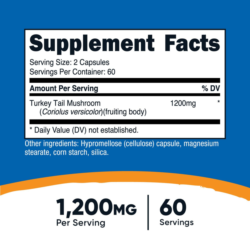 Nutricost Turkey Tail capsules label closeup, gluten-free and vegetarian friendly features.