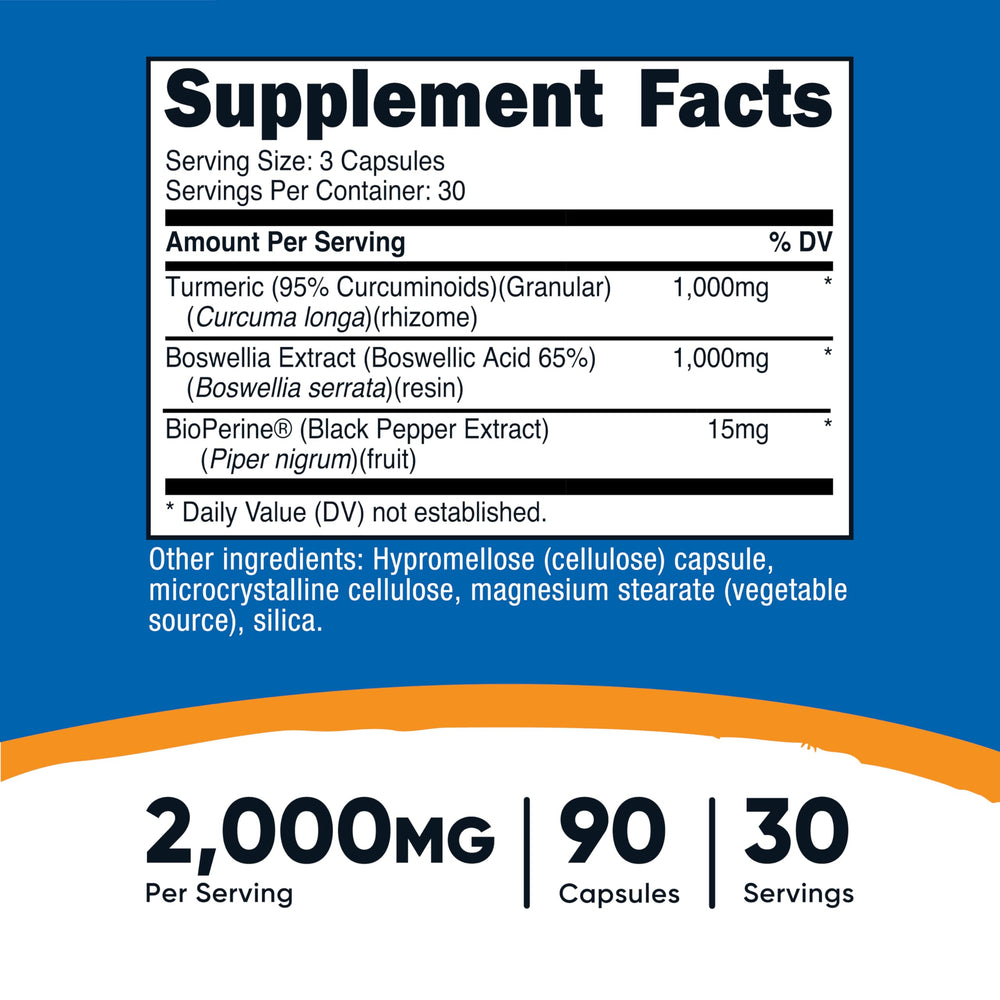 Nutricost Turmeric Boswellia label close-up highlighting curcuminoid content.