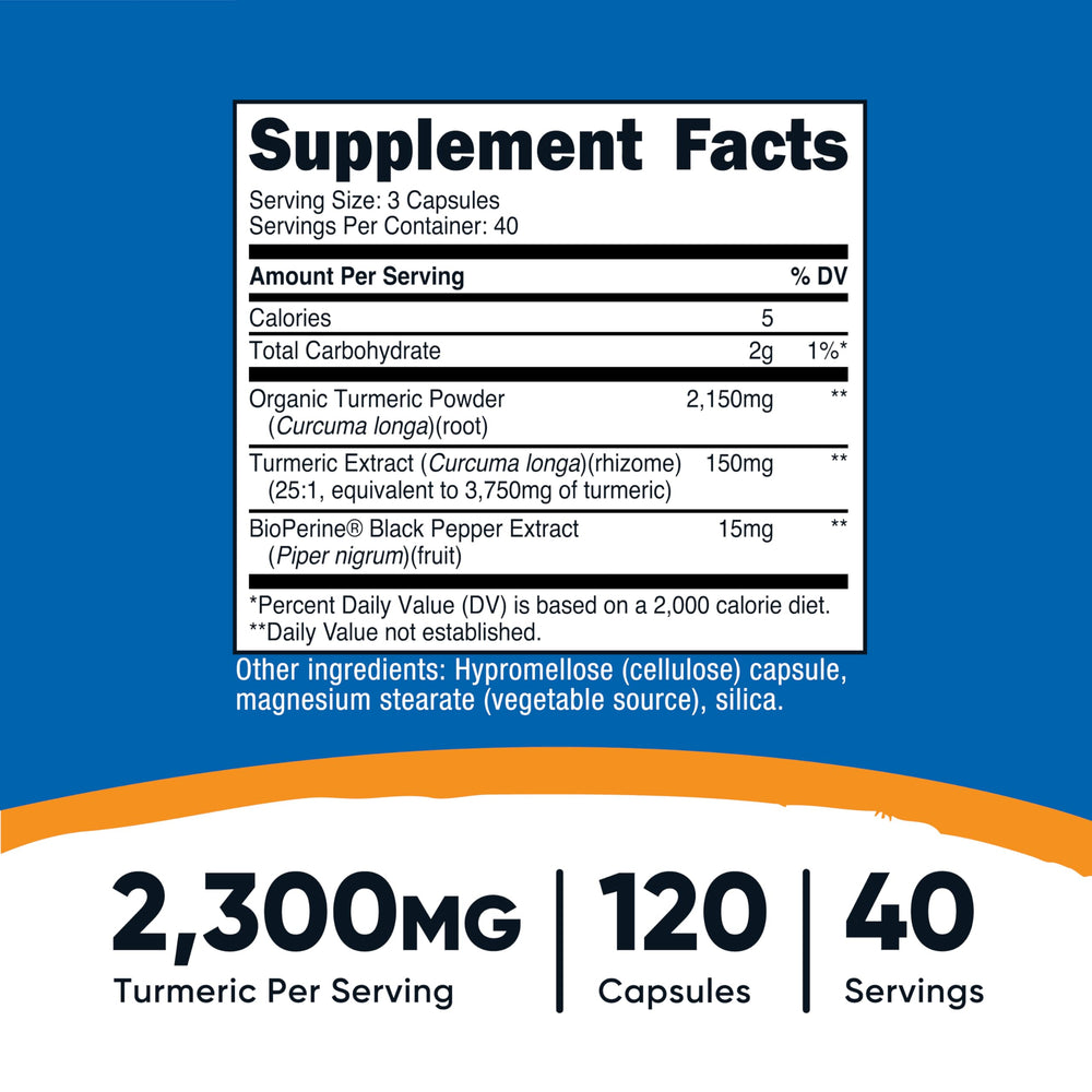 Nutricost turmeric curcumin ingredients label shows 95% curcuminoids