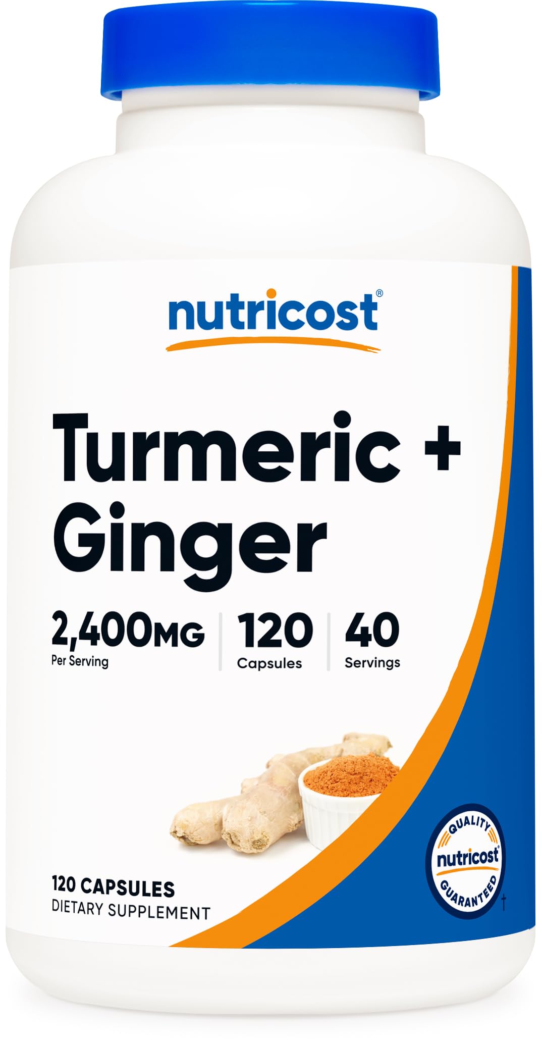 Nutricost Turmeric Ginger capsules bottle showing 2400mg serving and vegan formula