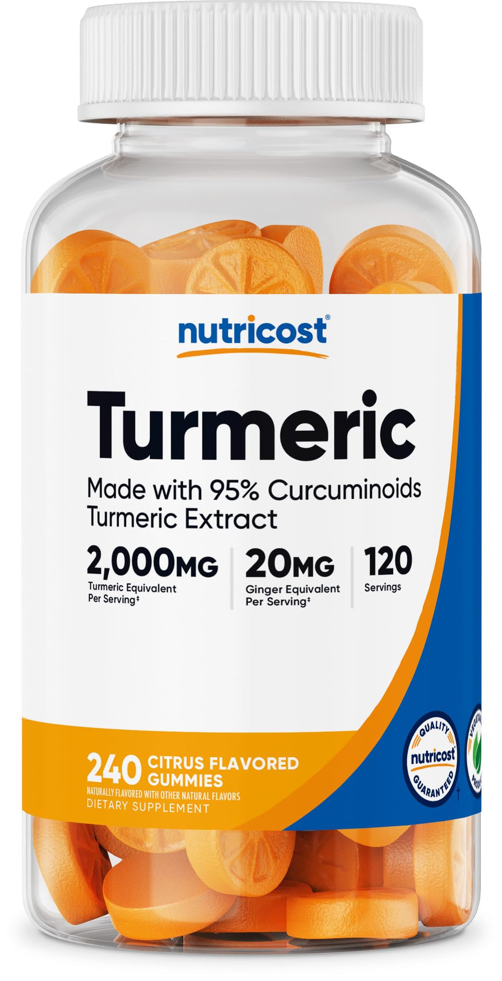 Nutricost turmeric gummies citrus bottle showing 120 servings for daily use