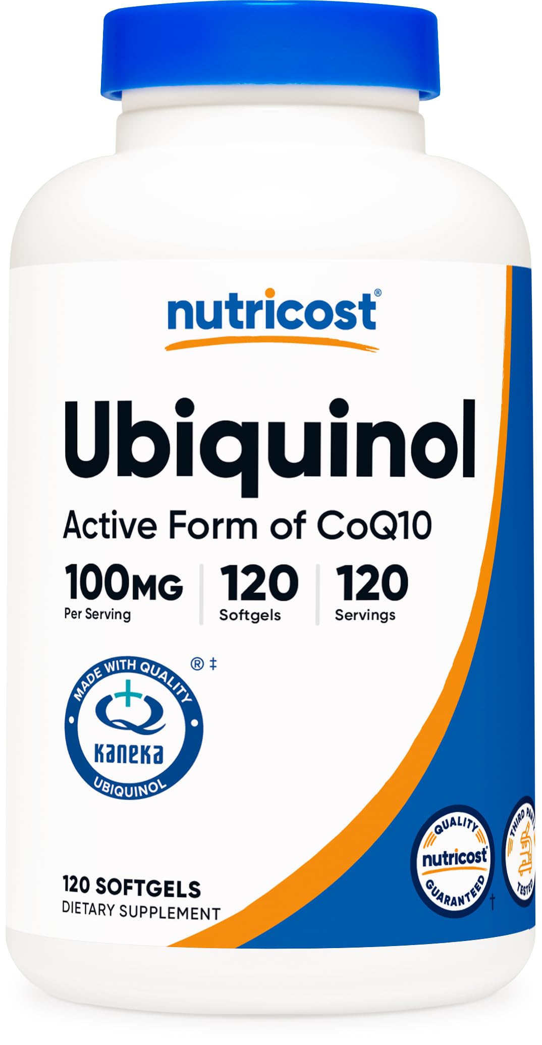 Nutricost ubiquinol softgels bottle showing 100 mg per serving for daily wellness
