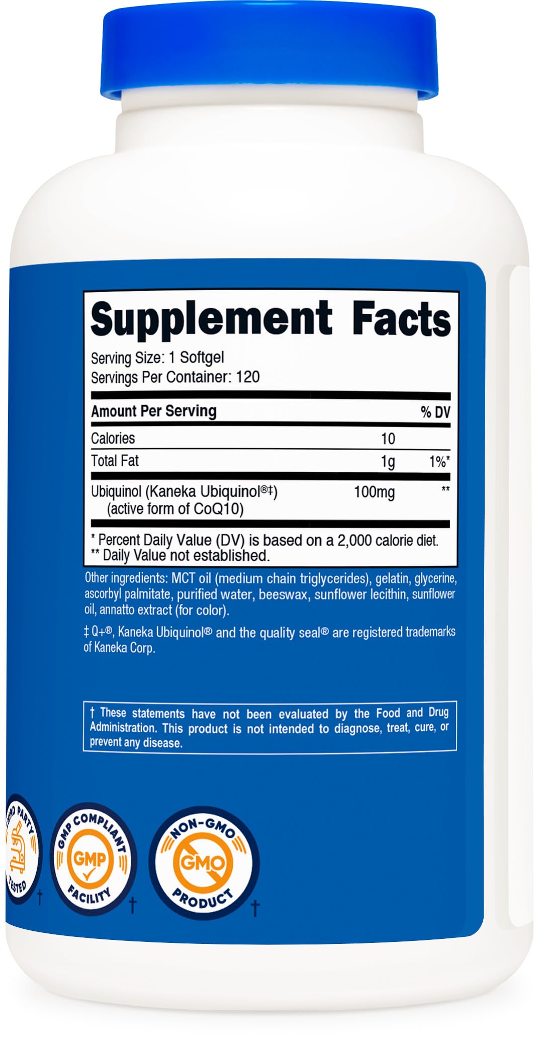 Nutricost ubiquinol softgels capsule closeup emphasizing gluten-free, non-GMO formula