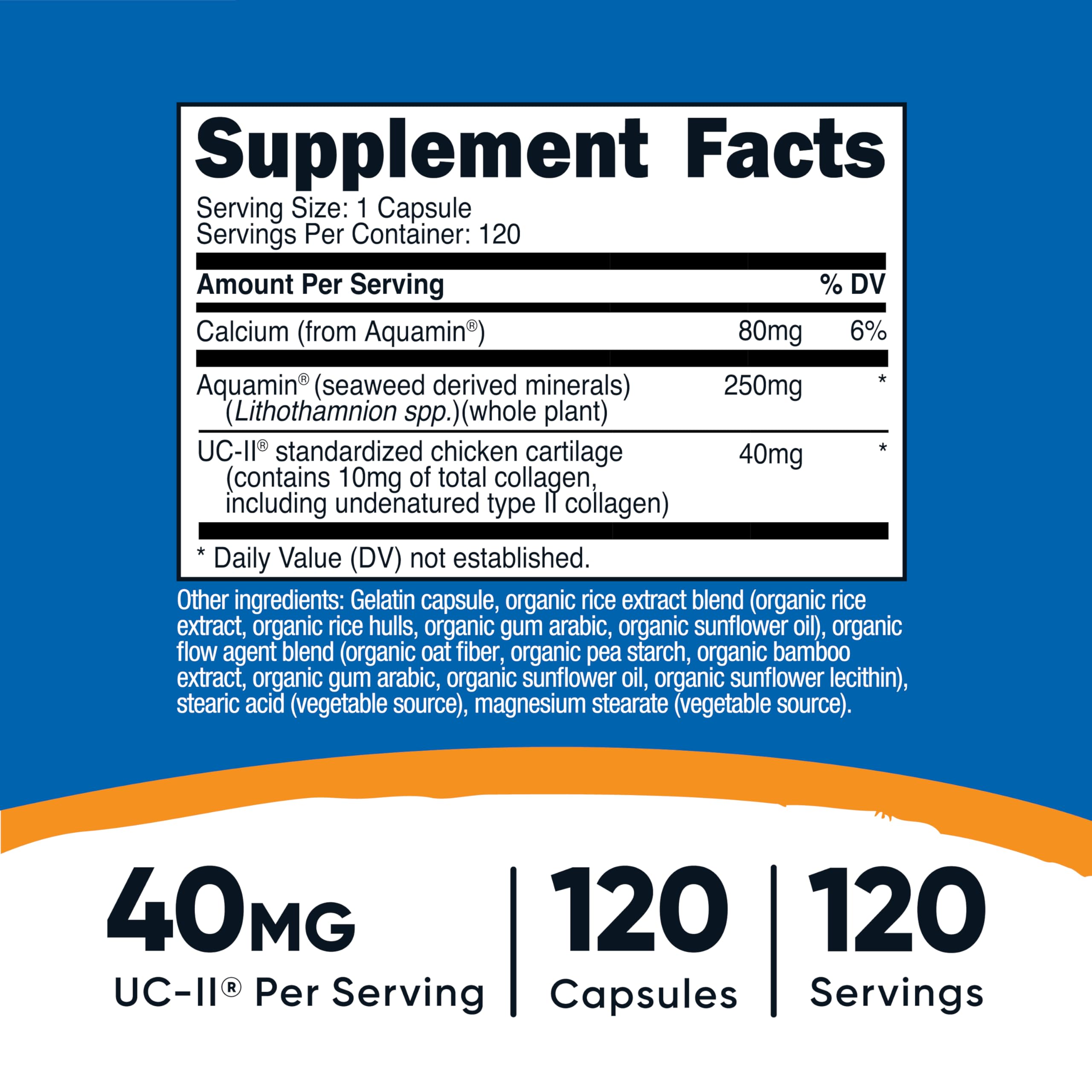 Close-up of Nutricost UC-II capsules with 40 mg per serving