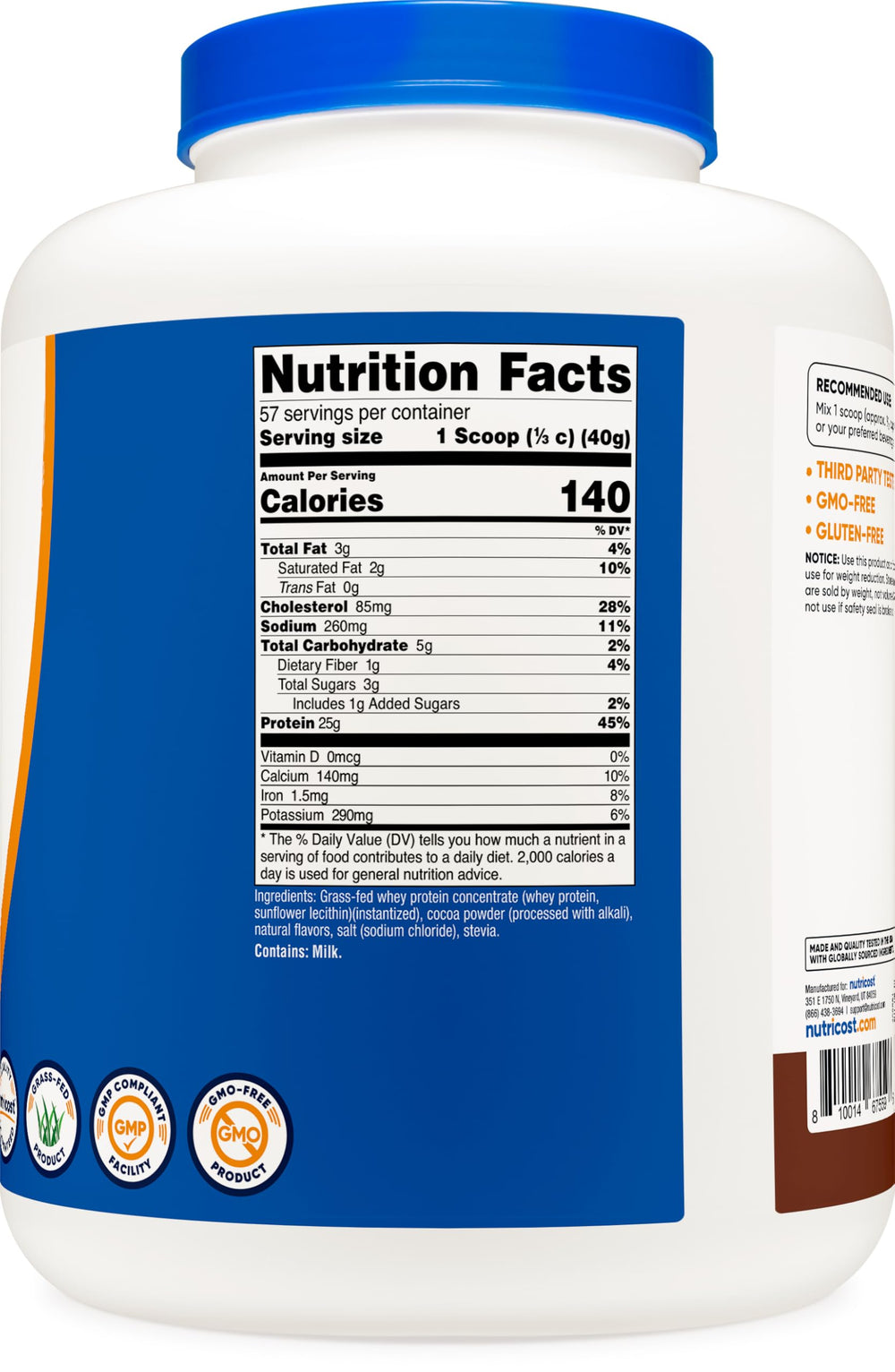 Nutricost undenatured grass-fed whey label highlights gluten-free and non-GMO.
