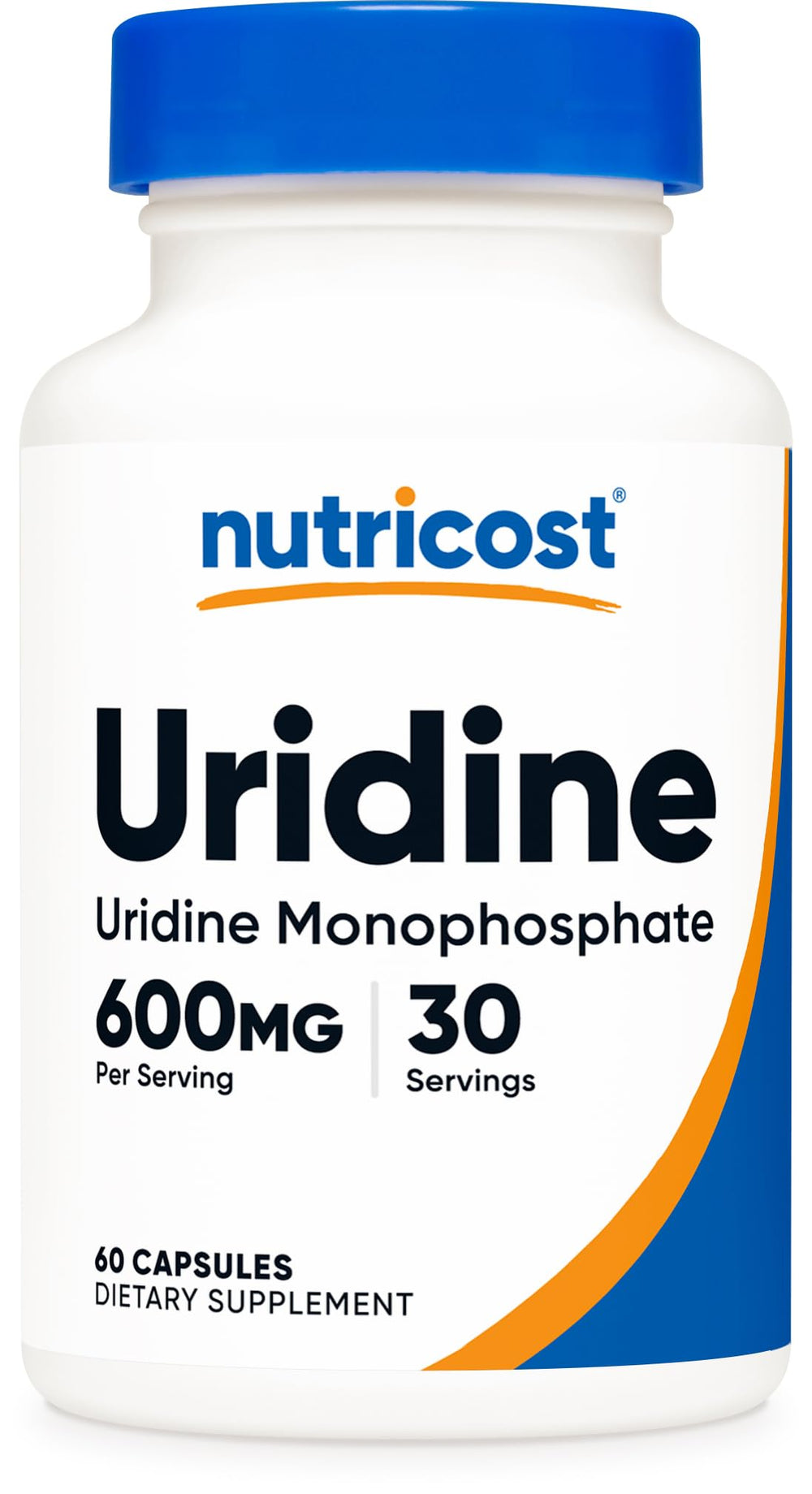 Nutricost Uridine Monophosphate bottle shows convenient daily vegan supplement.
