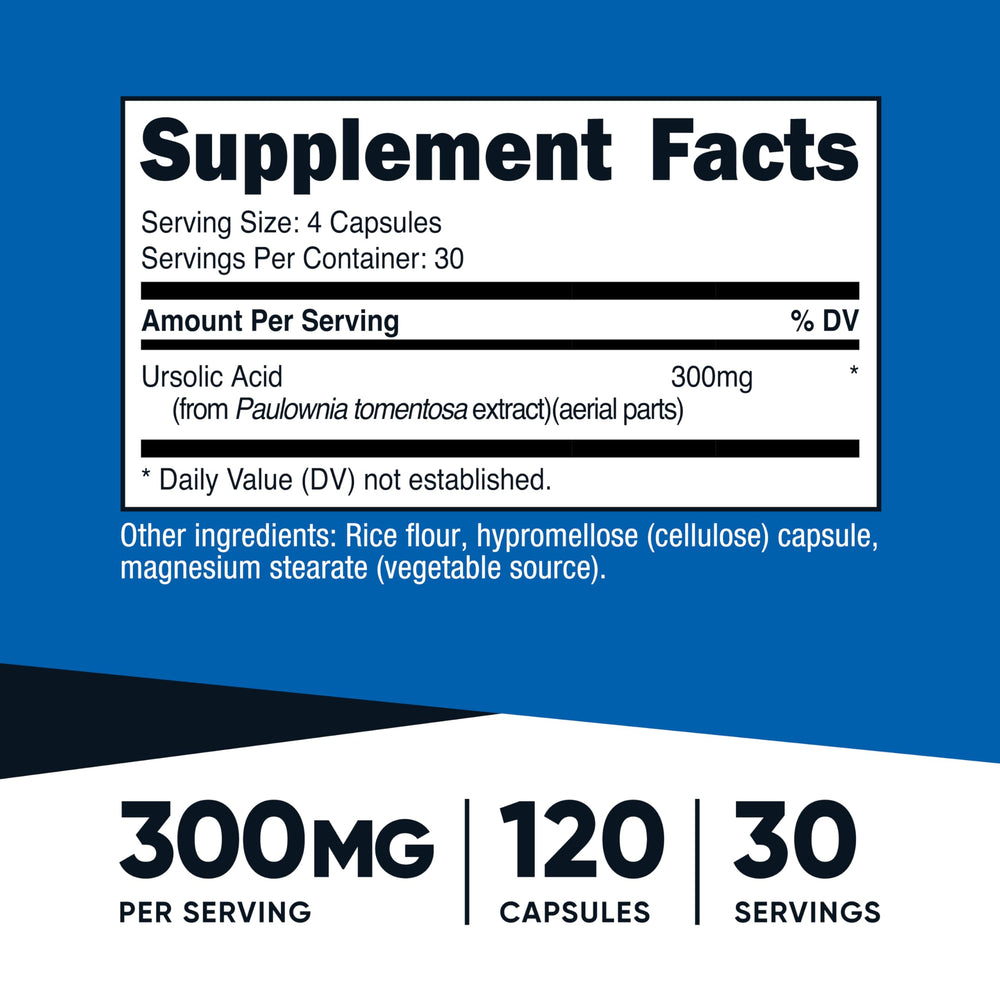 Nutricost Ursolic Acid capsules close-up highlighting capsules and dosage