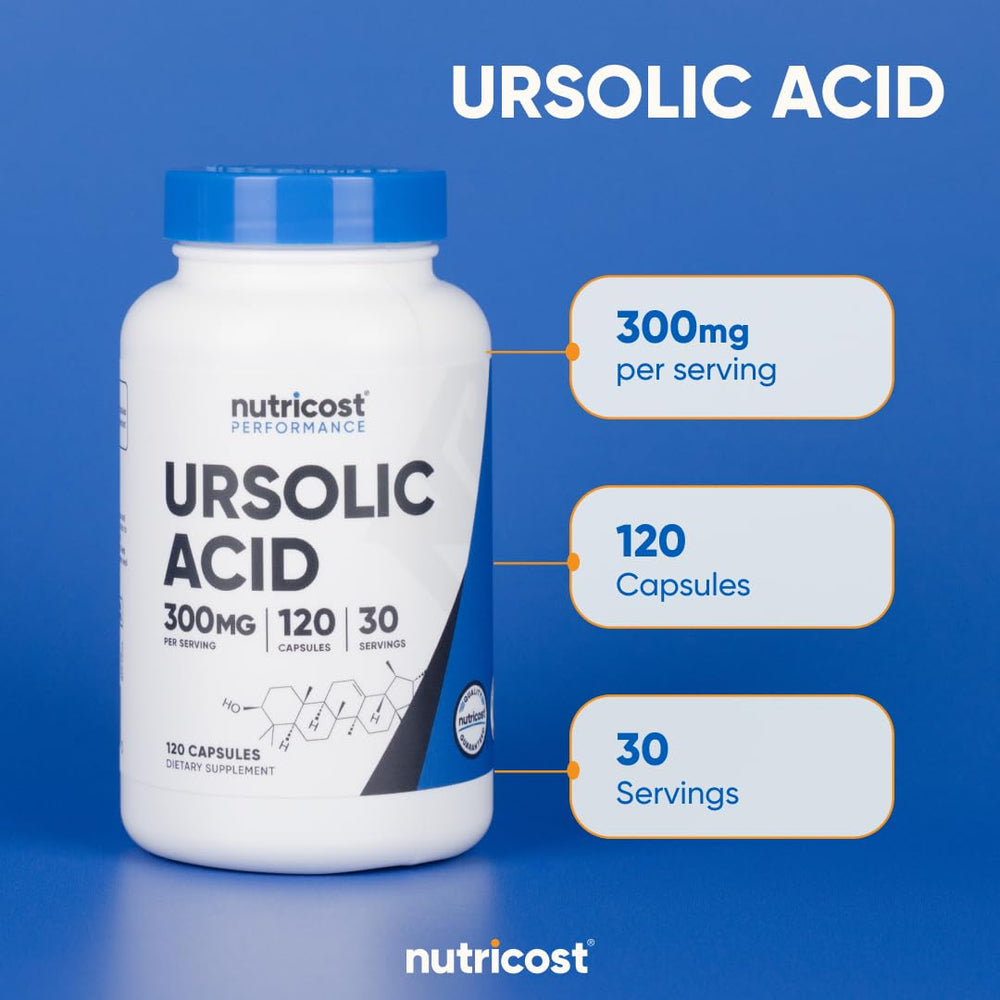 Nutricost Ursolic Acid gluten-free and soy-free badge on label