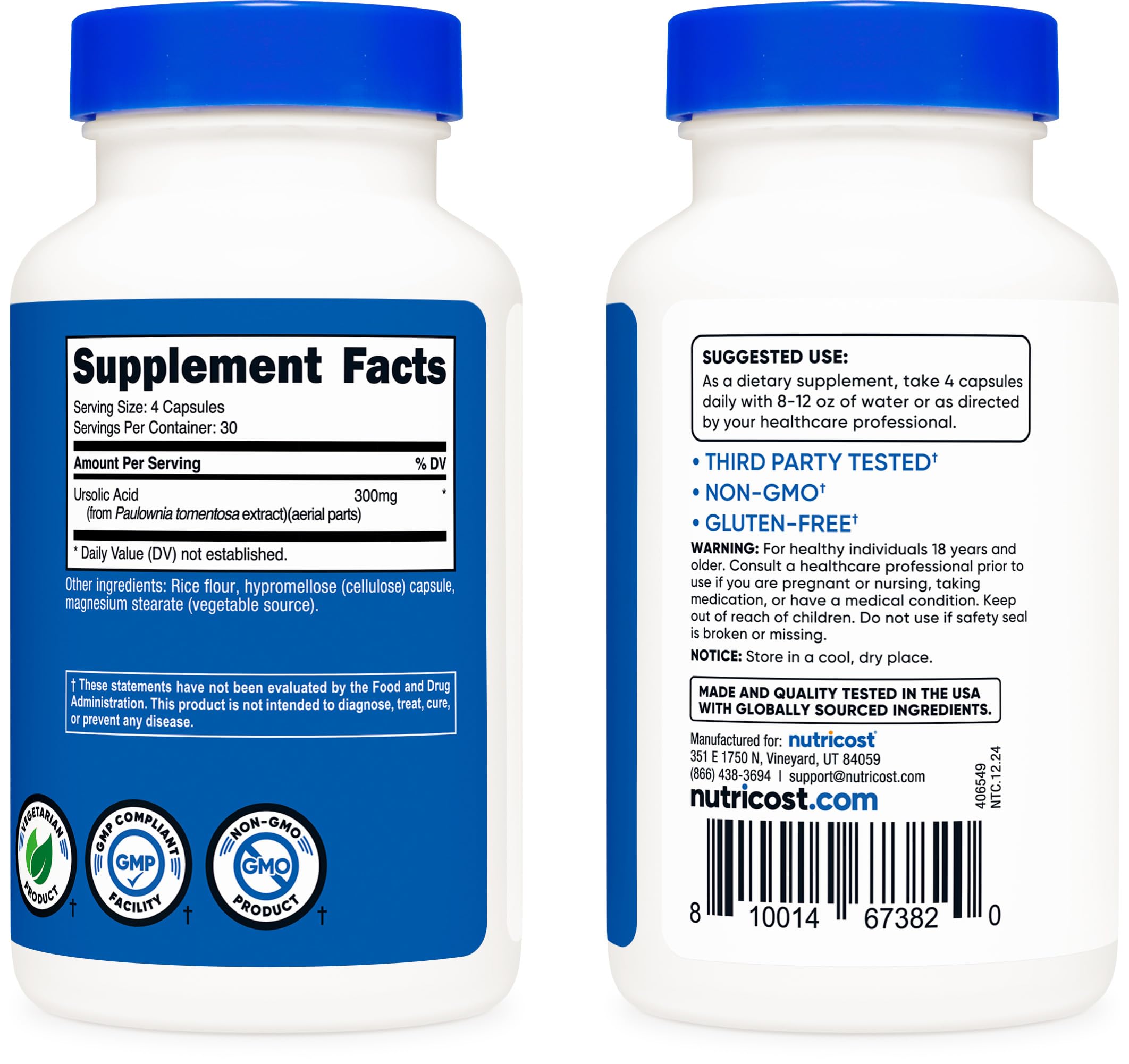 Nutricost Ursolic Acid ISO-testing seal indicating third-party quality