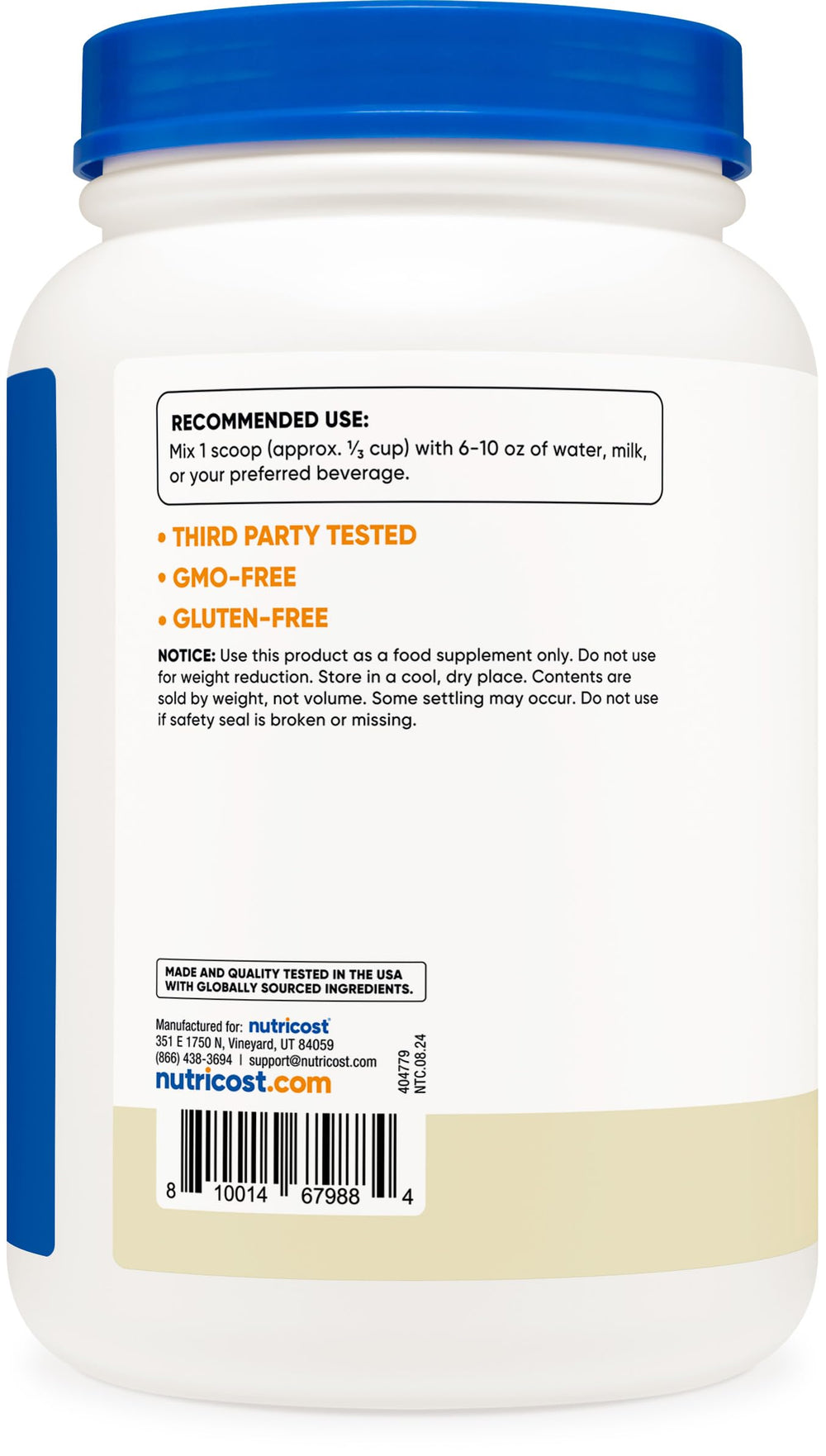 Nutricost ISO-tested label emphasizes quality and safety in production.