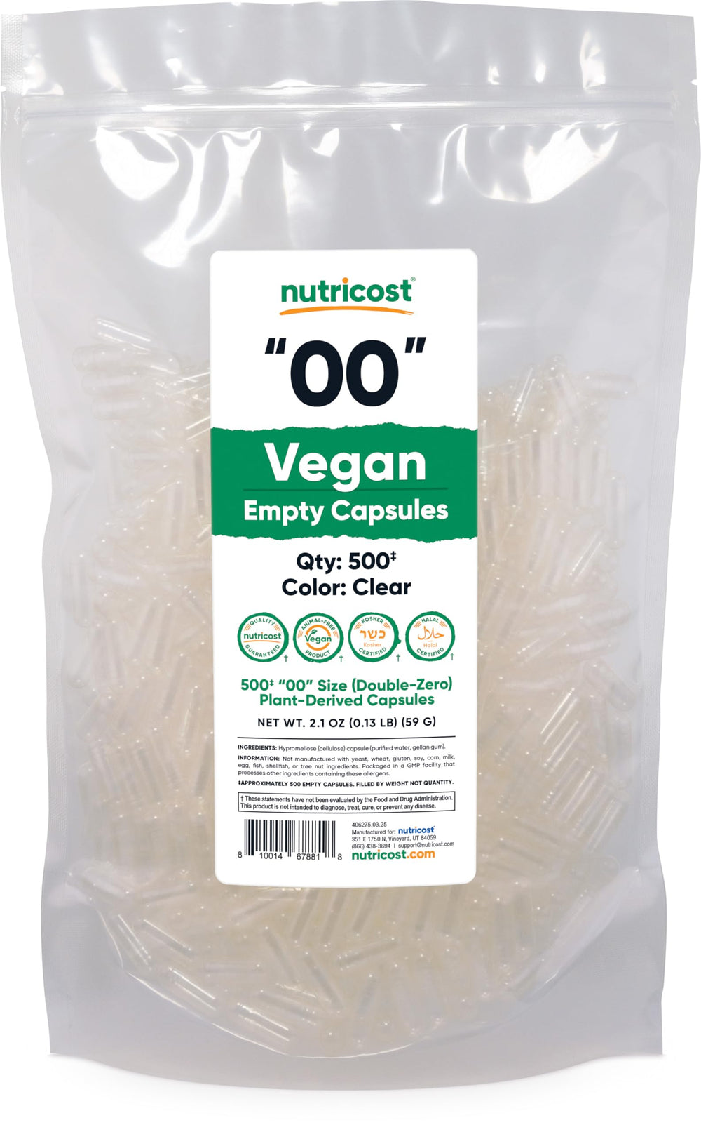 Nutricost vegan empty capsules size 00: clear capsules ideal for DIY blends.