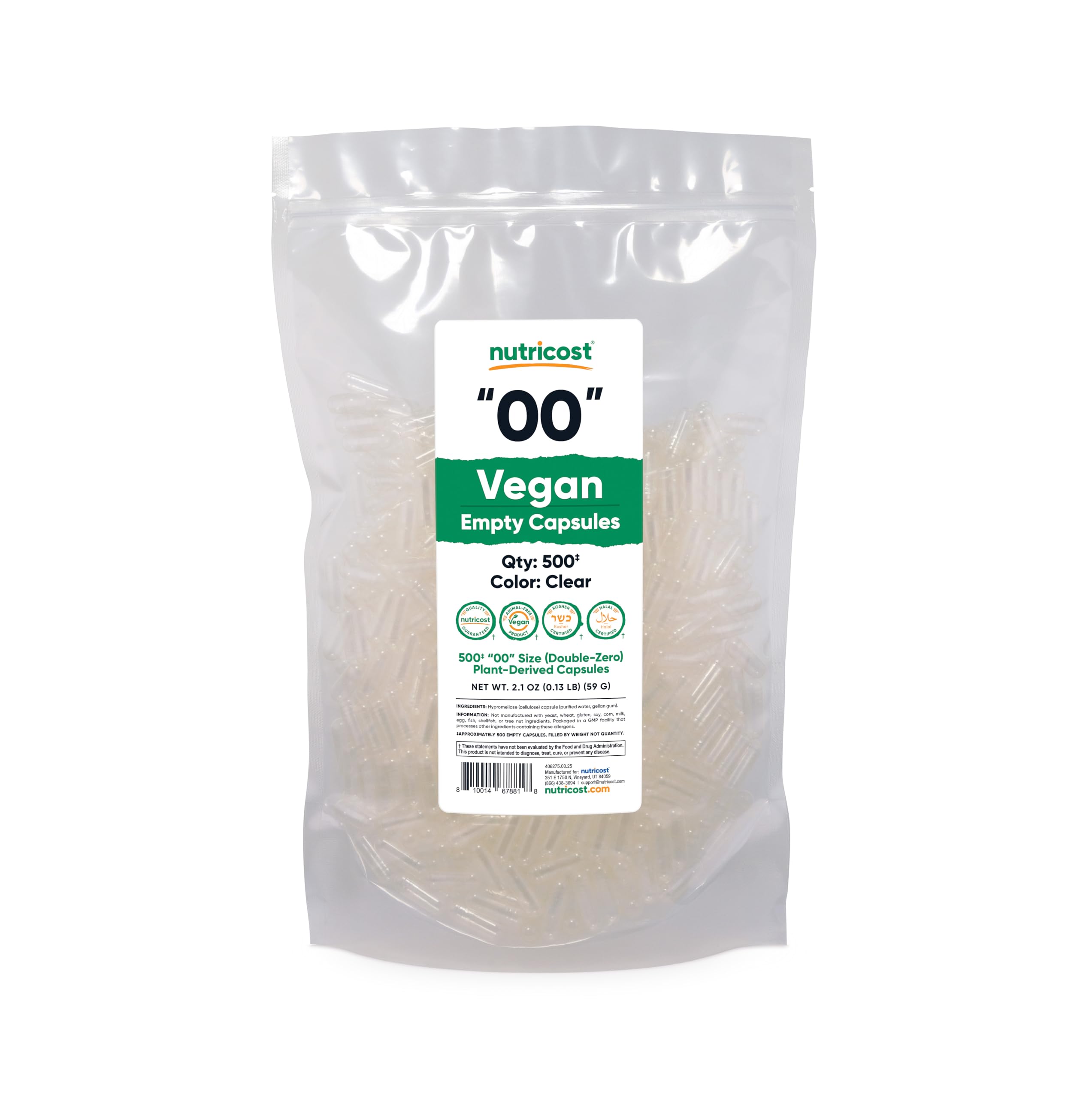 Nutricost vegan empty capsules size 00: kosher and halal certified for dietary flexibility.