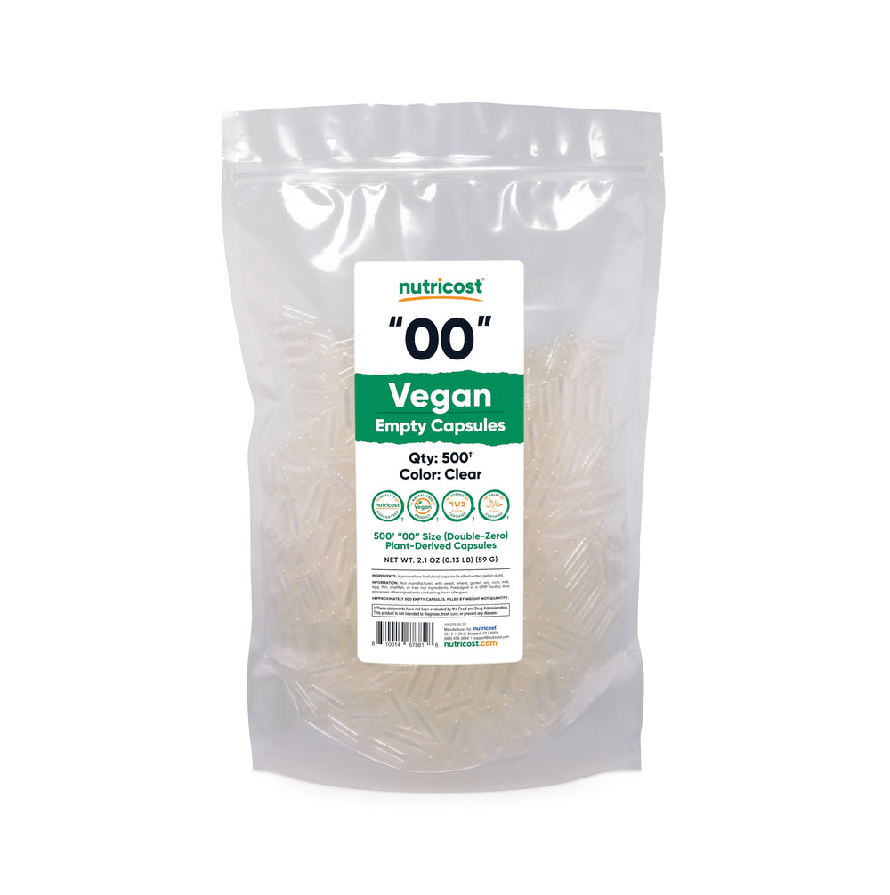 Nutricost vegan empty capsules size 00: kosher and halal certified for dietary flexibility.