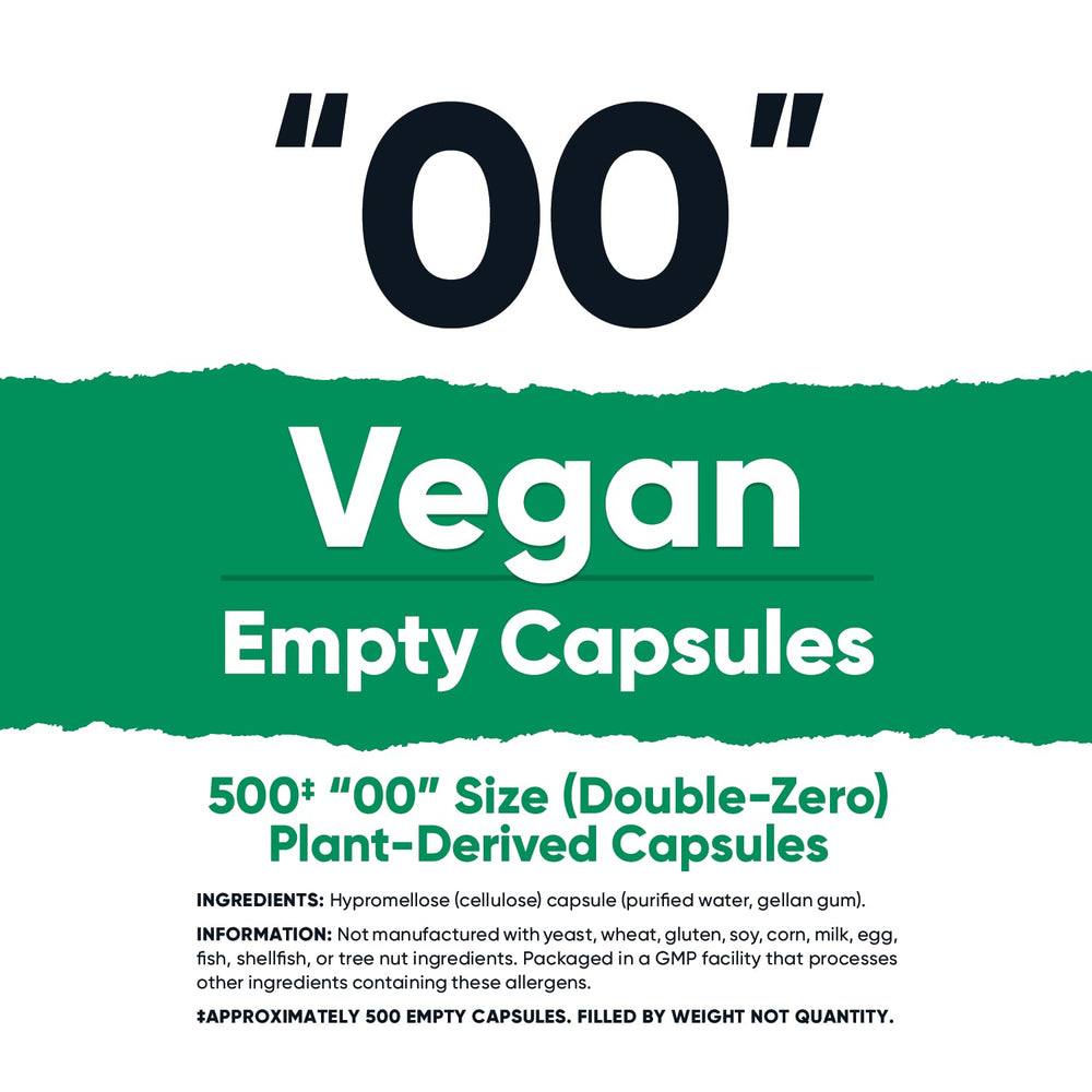 Nutricost Vegan Empty Capsules Size 00: 500-count packaging for easy refills.