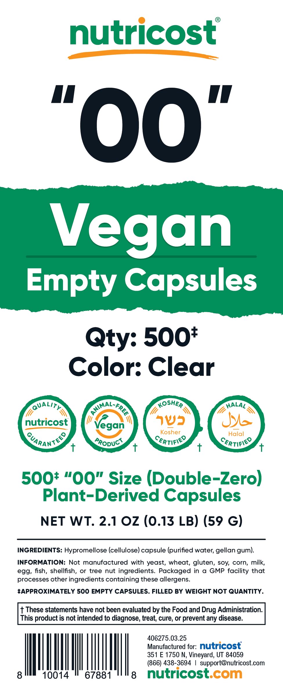 Nutricost vegan empty capsules size 00: third-party tested for purity and safety.