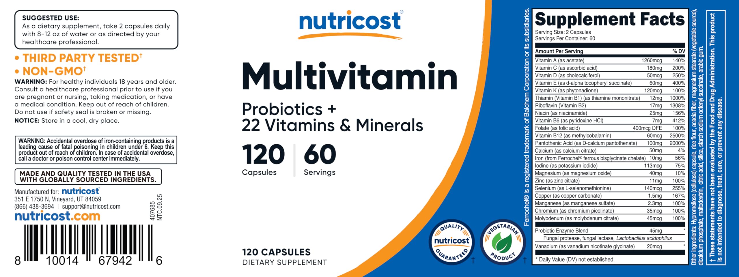 Nutricost Vegetarian capsules packaging highlights non-GMO, gluten-free benefits.