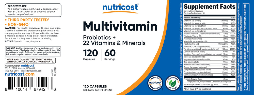 Nutricost Vegetarian capsules packaging highlights non-GMO, gluten-free benefits.