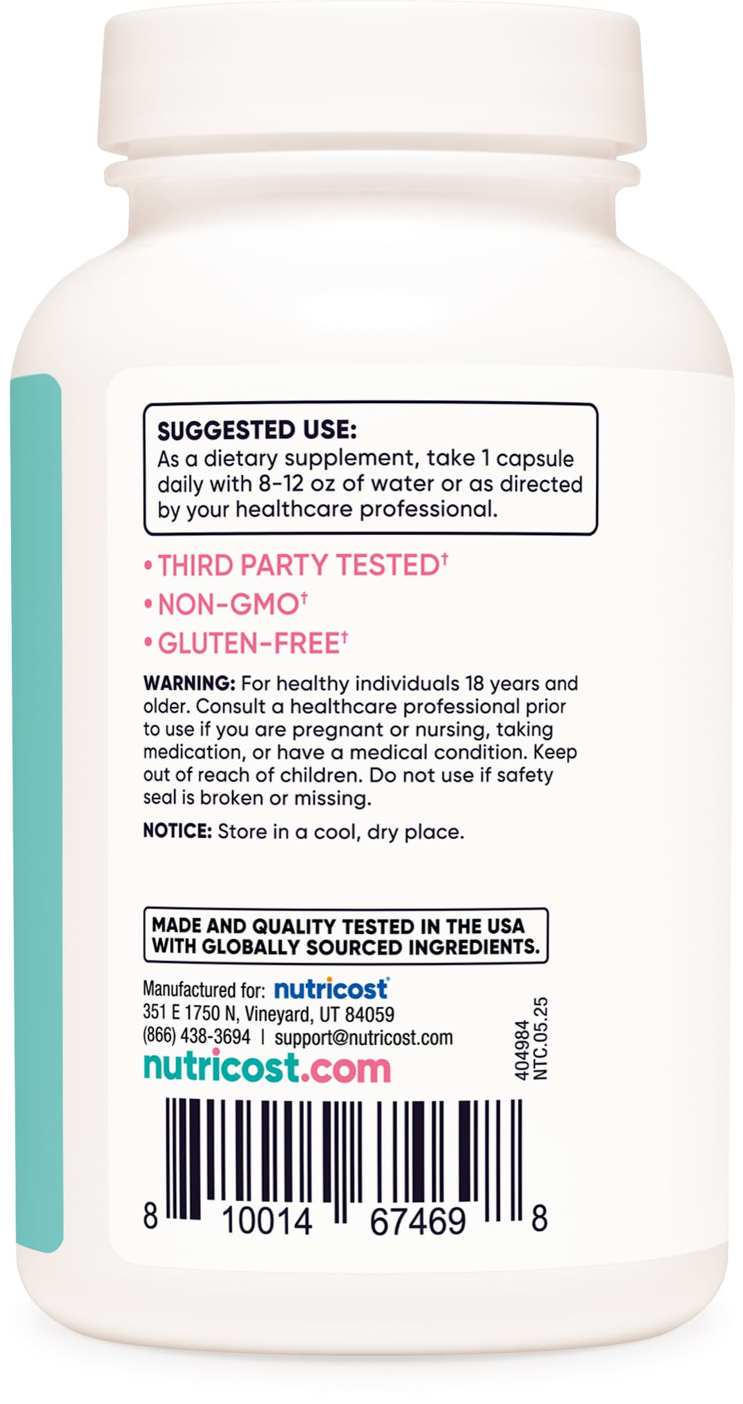 Nutricost bottle label highlights veggie caps and gluten-free, non-GMO features.