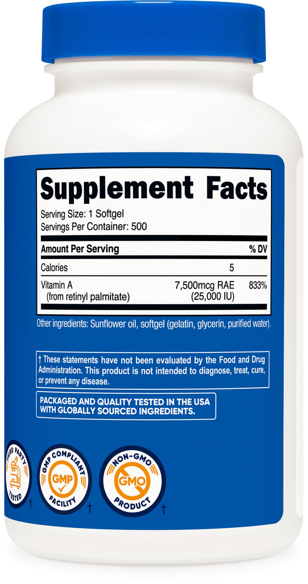 Nutricost Vitamin A packaging scene with bottle and softgels.