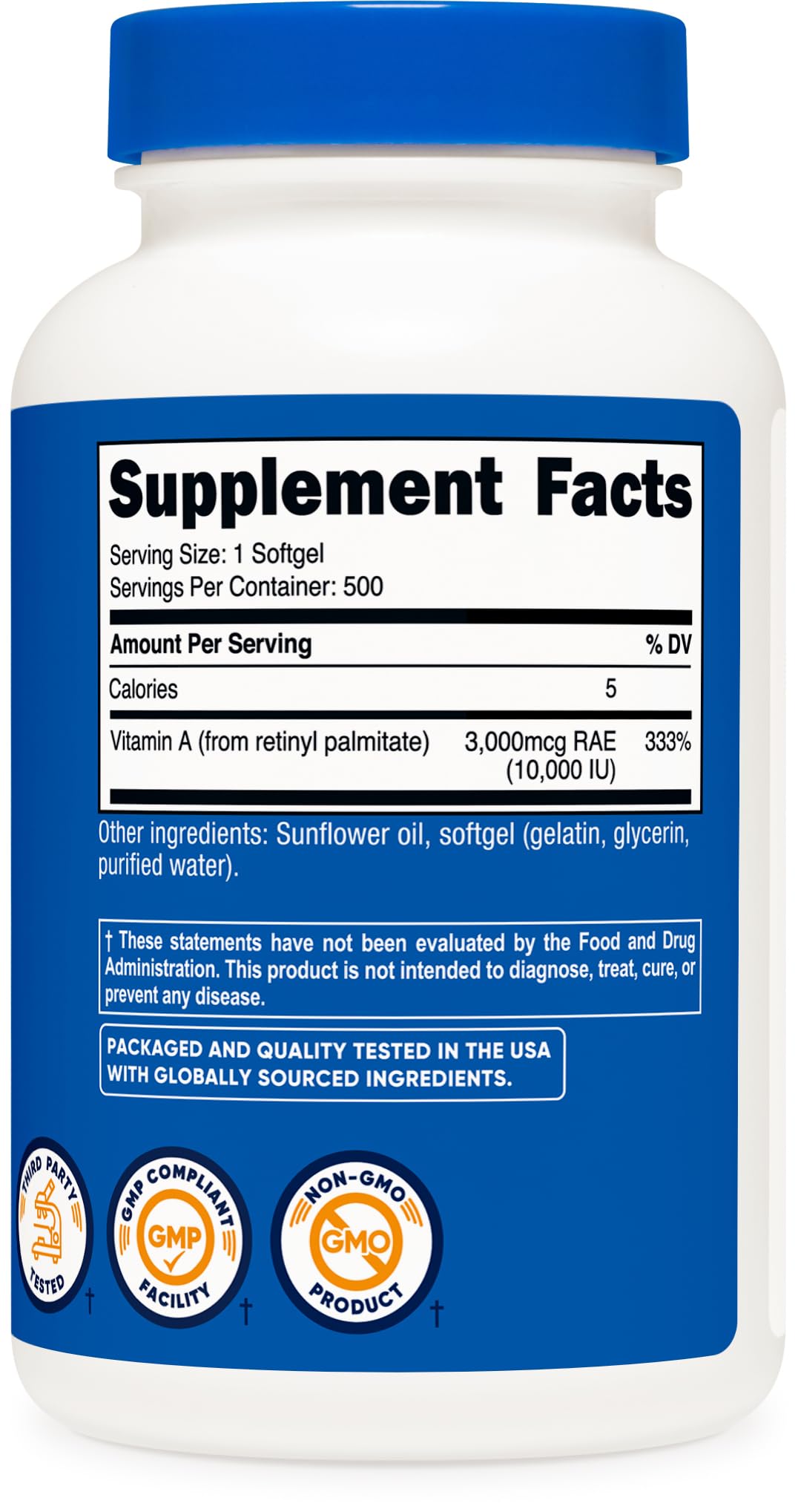 Non-GMO, gluten-free Nutricost Vitamin A packaging