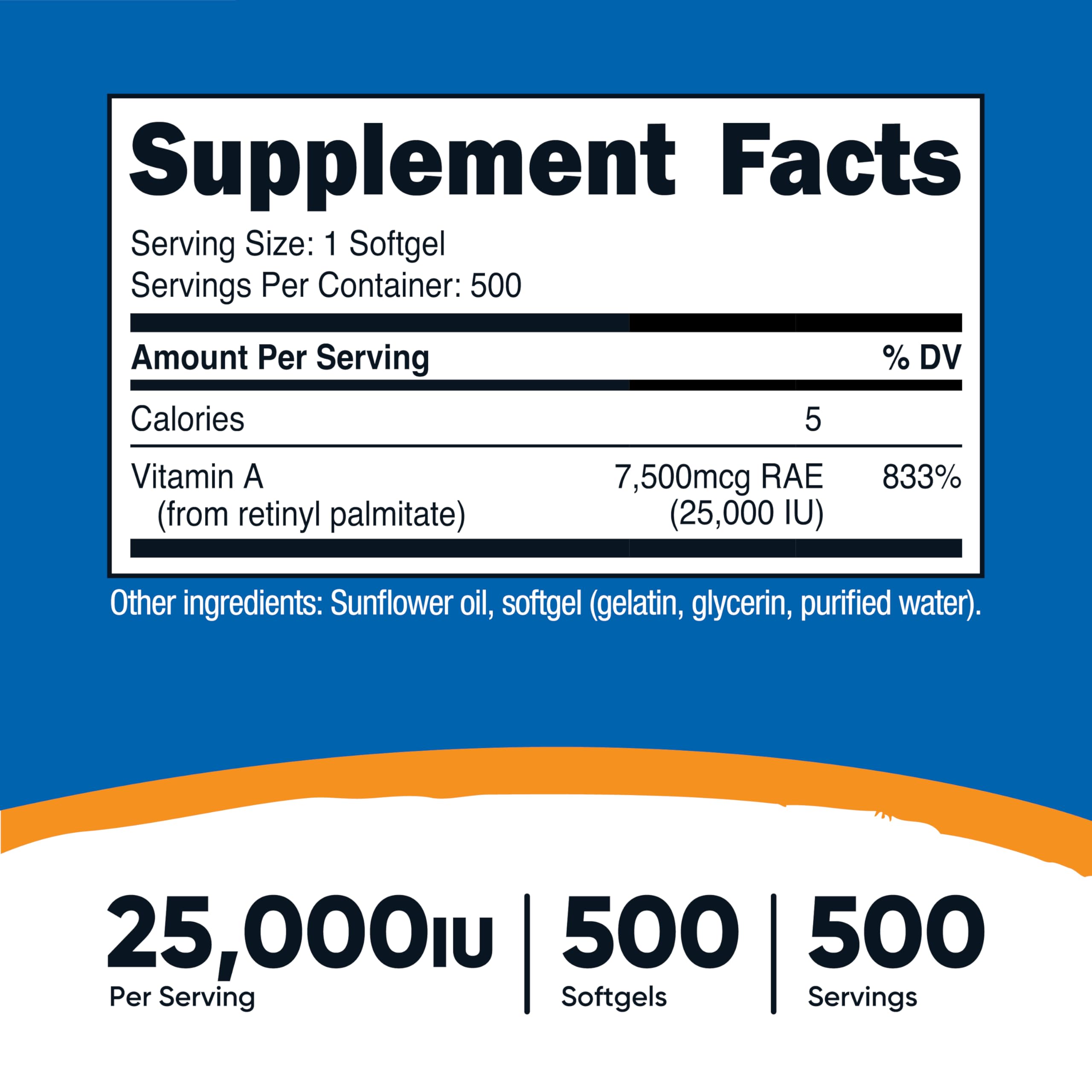 Nutricost Vitamin A softgels closeup highlighting easy-to-swallow capsules.