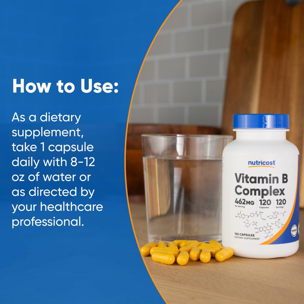 Nutricost Vitamin B Complex 462mg bottle with glass scene ideal for morning routine.