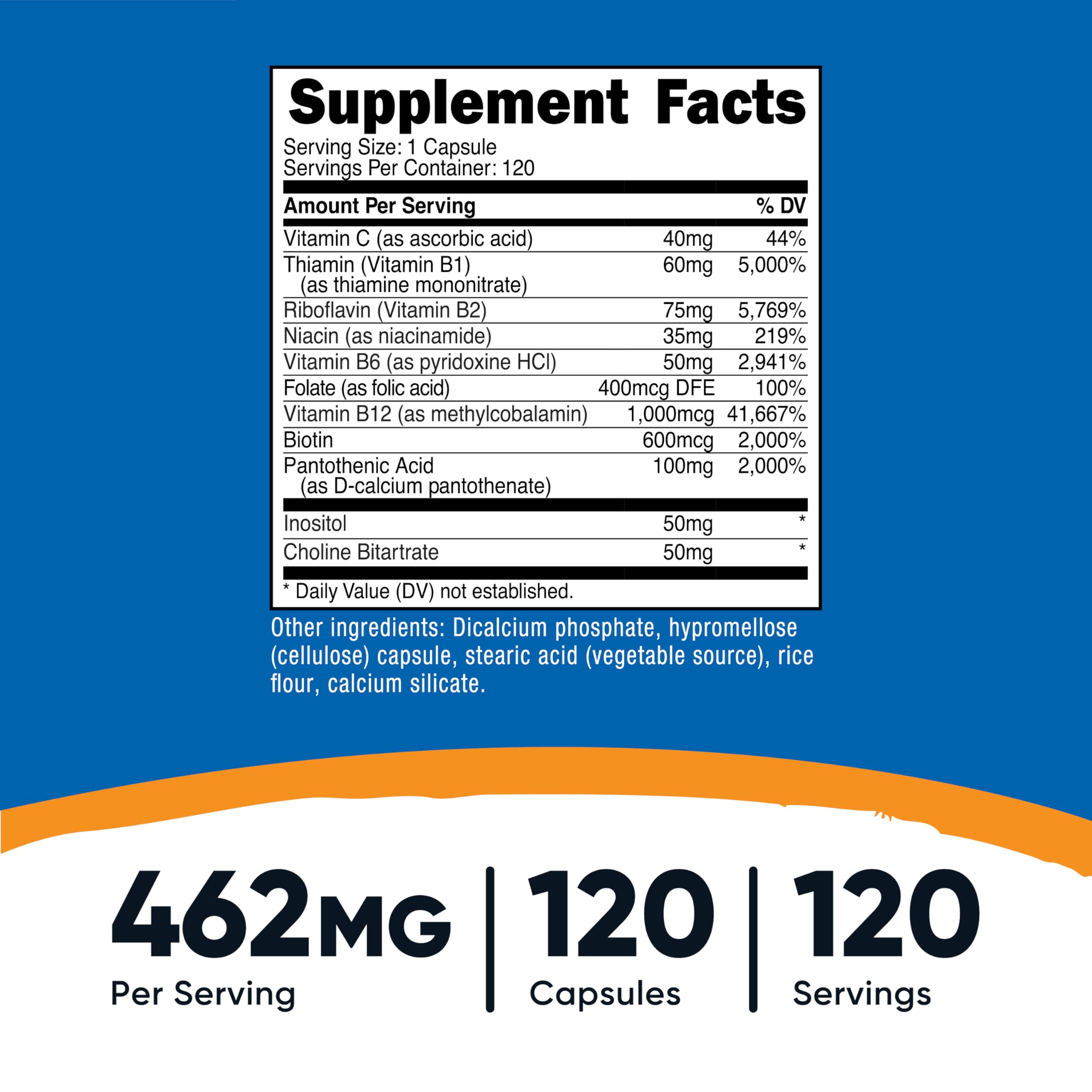 Nutricost Vitamin B Complex 462mg capsules closeup, veggie capsules easy to swallow.