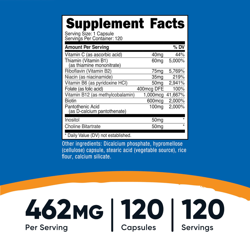 Nutricost Vitamin B Complex 462mg capsules closeup, veggie capsules easy to swallow.