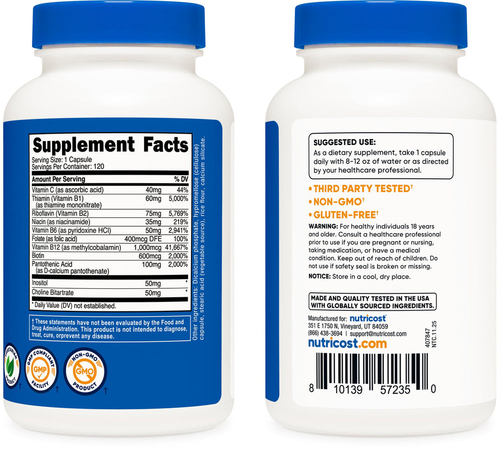 Nutricost Vitamin B Complex 462mg container on table ready for daily use.