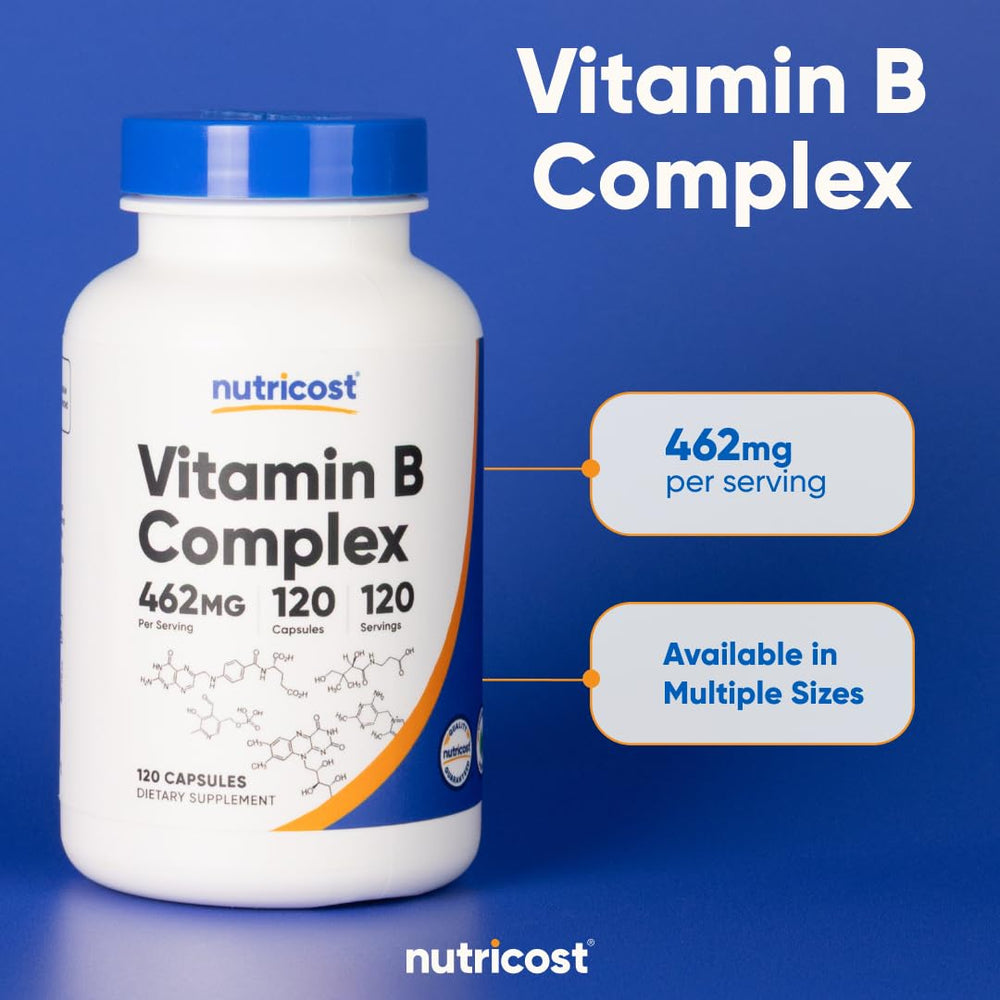 Nutricost Vitamin B Complex 462mg ingredients panel lists essential B vitamins.