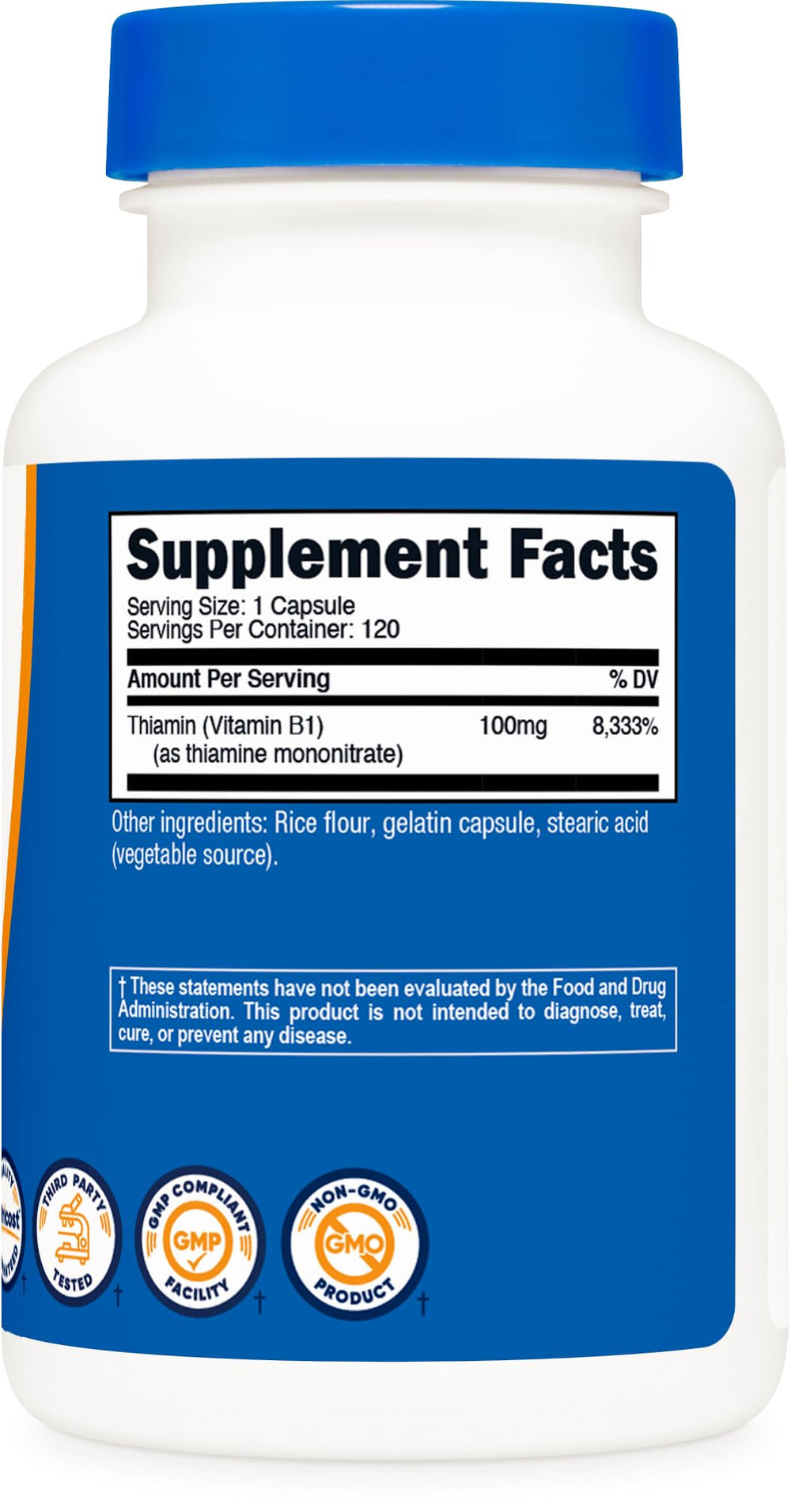Nutricost Vitamin B1 bottle cap and seal, evidence of third-party testing and quality.