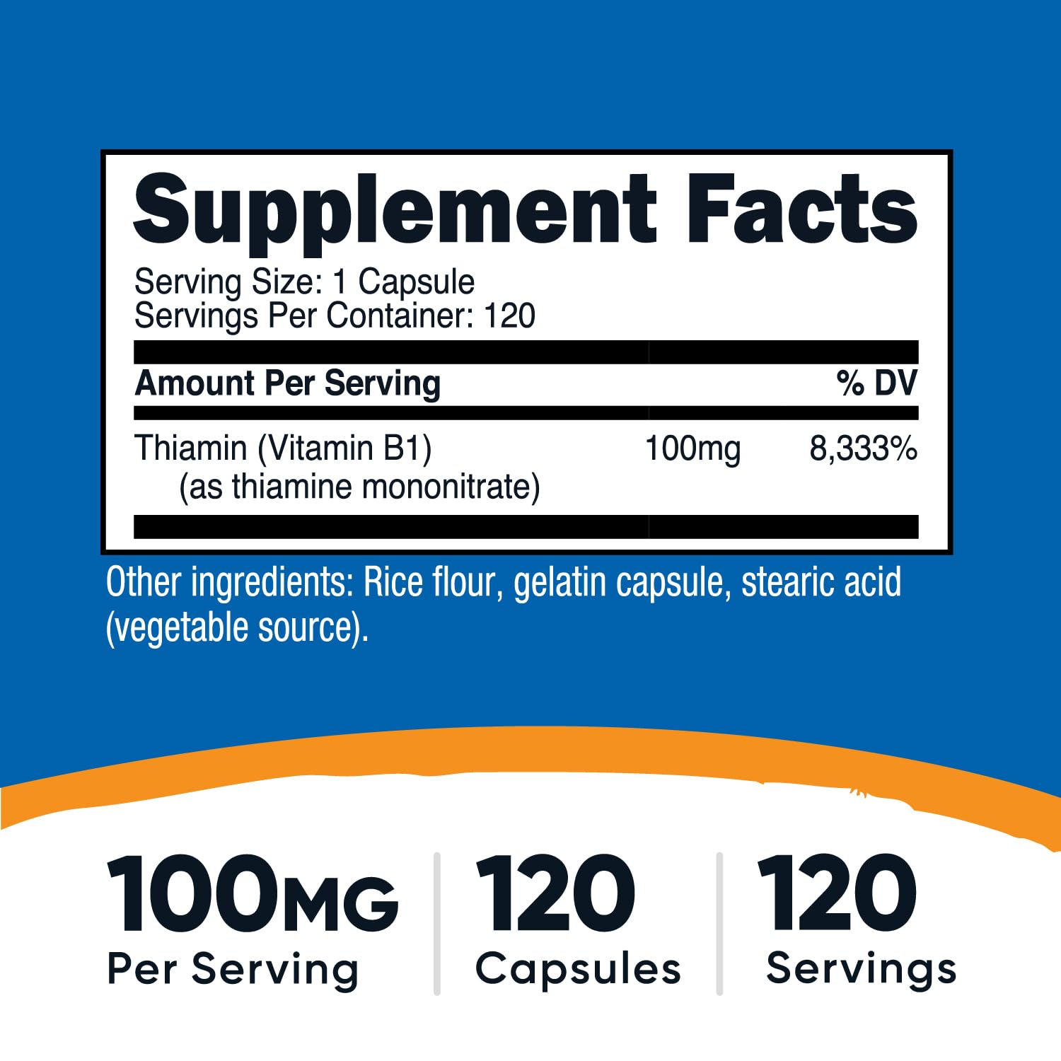 Nutricost Vitamin B1 capsules close-up, showing 100mg dosage per serving.