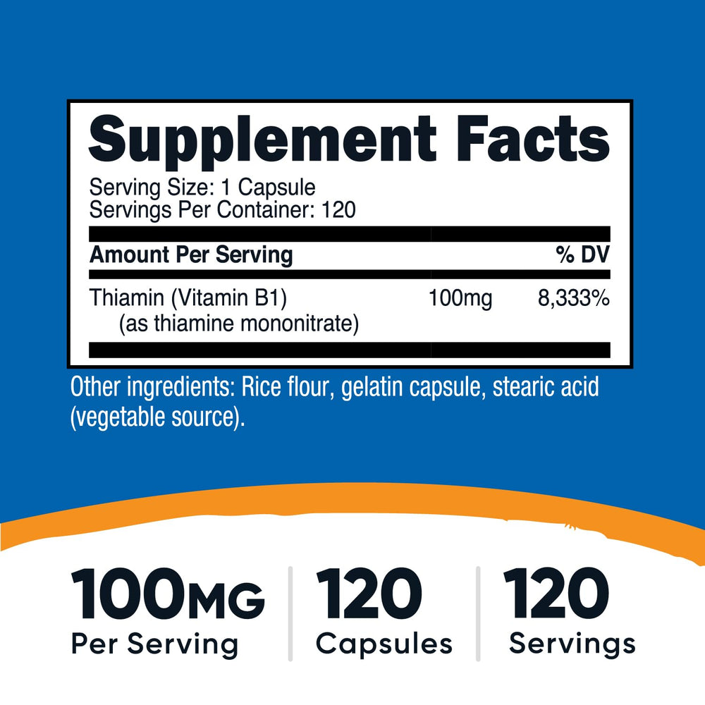 Nutricost Vitamin B1 capsules close-up, showing 100mg dosage per serving.