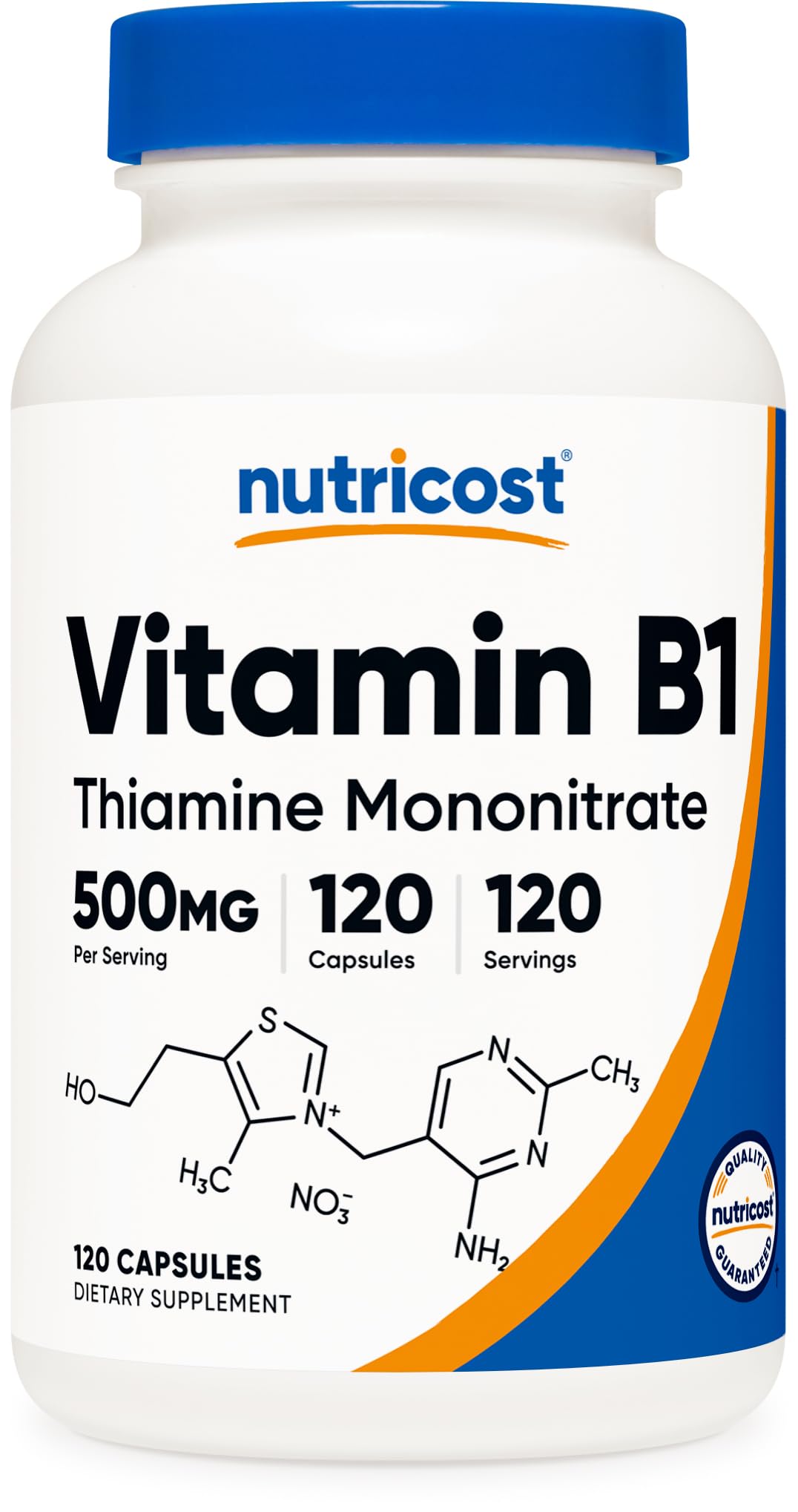 Nutricost Vitamin B1 500mg bottle front view for quick daily supplementation recognition