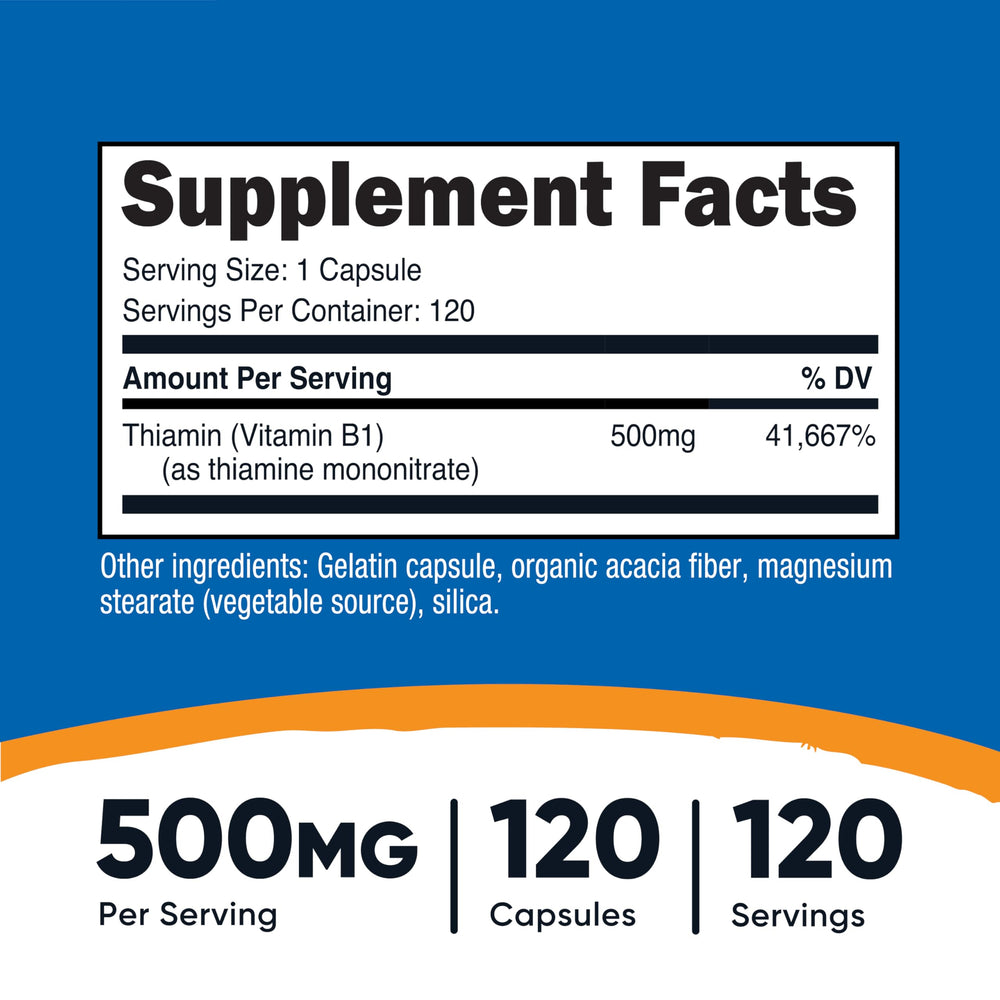 Nutricost Vitamin B1 500mg bottle label close-up showing ingredients and certifications