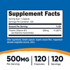 Nutricost Vitamin B1 500mg bottle label close-up showing ingredients and certifications